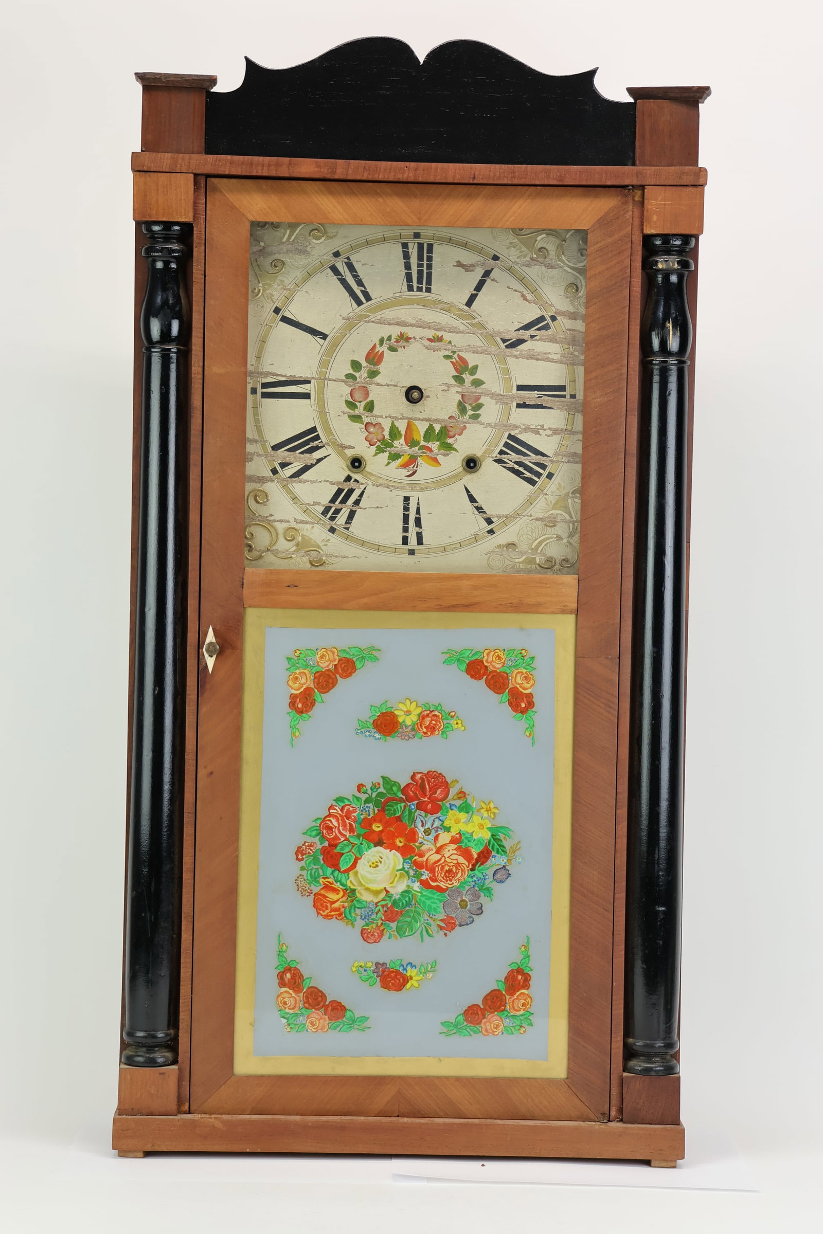 Antique Riley Whiting Pillar and Splat Shelf Clock: Antique Riley Whiting Pillar and Splat Shelf Clock Antique Riley Whiting Pillar and Splat Shelf Clock, with floral eglomise panel, with weights; Used unknown working condition; 34 3/8"h x 17 3/4"w x