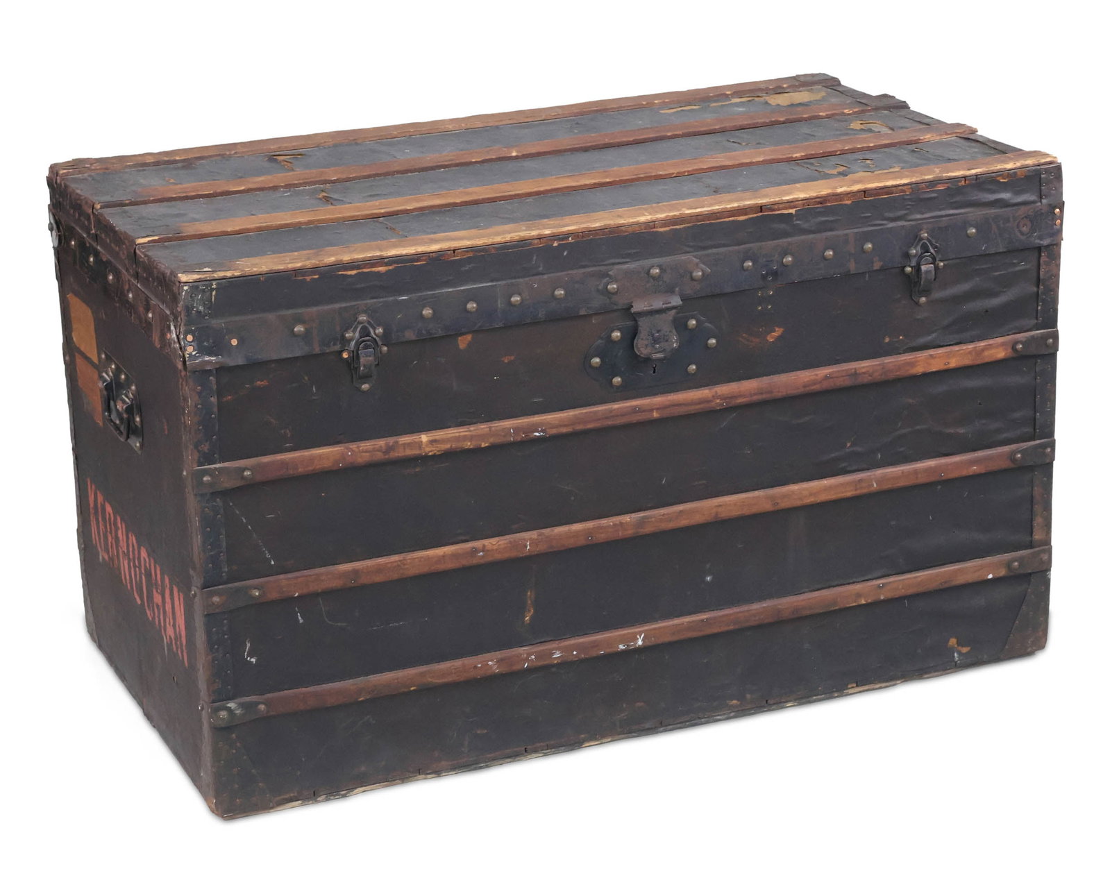 Vintage J. Bohet Steamer Trunk: Vintage J. Bohet Steamer Trunk French, labeled "Specialite Pour Robes, J. Bohet, Emballeur Paris, stencils on right side "Kernochan". Losses, latch missing bolts, restorations, surface distress.