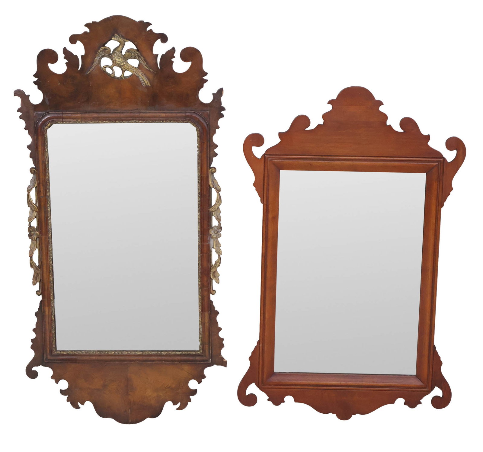 George II Gilt-Decorated Walnut Looking Glass: George II Gilt-Decorated Walnut Looking Glass English, mid 18th C. Together with a Chippendale Style Stained Maple Looking Glass. Provenance: Property from the Contents of Ellistan, Somerset Hills,