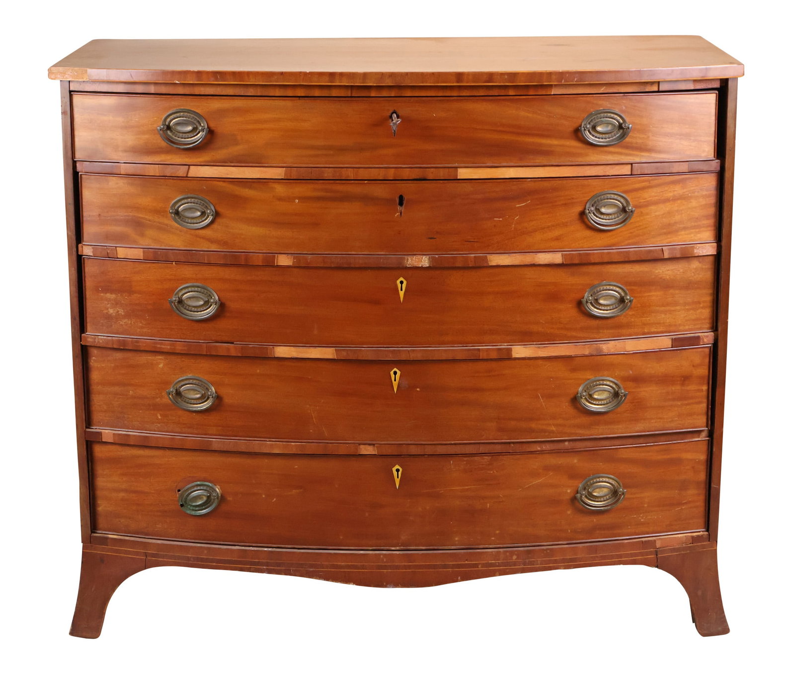 Federal Inlaid Mahogany Bowfront Chest of Drawers: Federal Inlaid Mahogany Bowfront Chest of Drawers New England, c. 1800. Provenance: Descended through the Herreshoff Family line 38 1/2 x 44 x 25 in. (97.8 x 111.8 x 63.5 cm.)