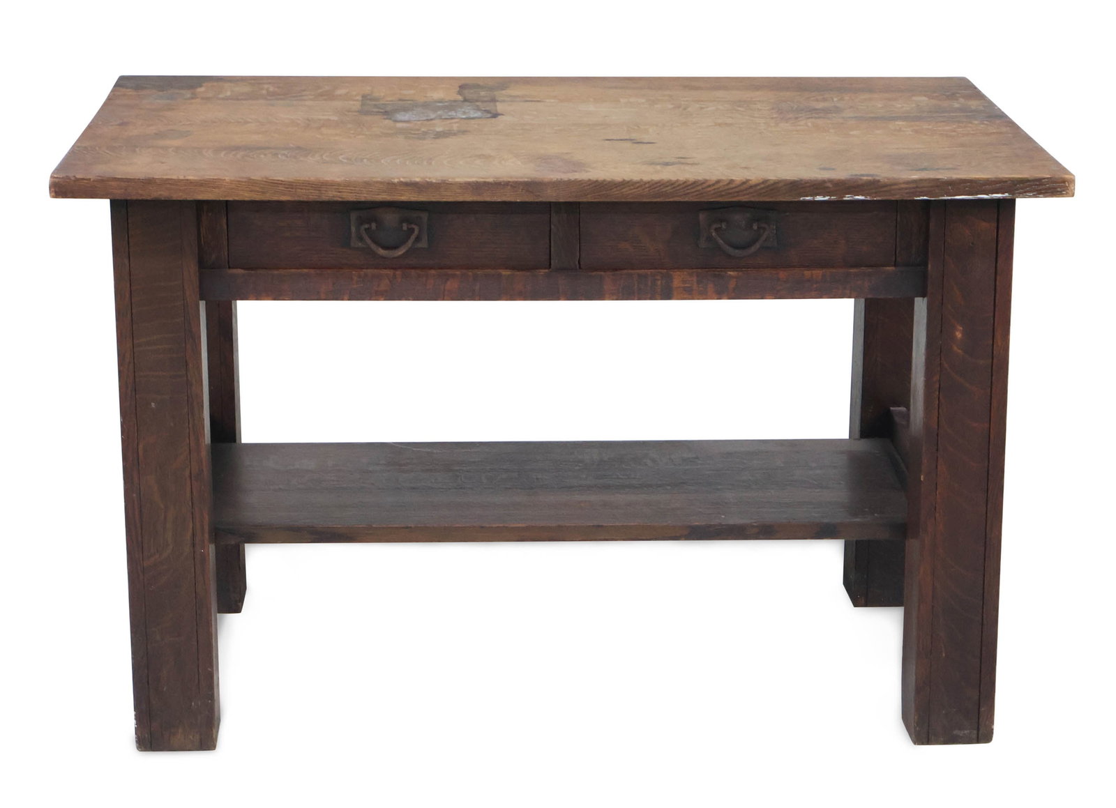 Mission Oak Two Drawer Work Table: Mission Oak Two Drawer Work Table American, 20th C. Surface distress, losses to surface, wear. 30 x 48 1/4 x 29 1/2 in. (76.2 x 122.6 x 74.9 cm.)