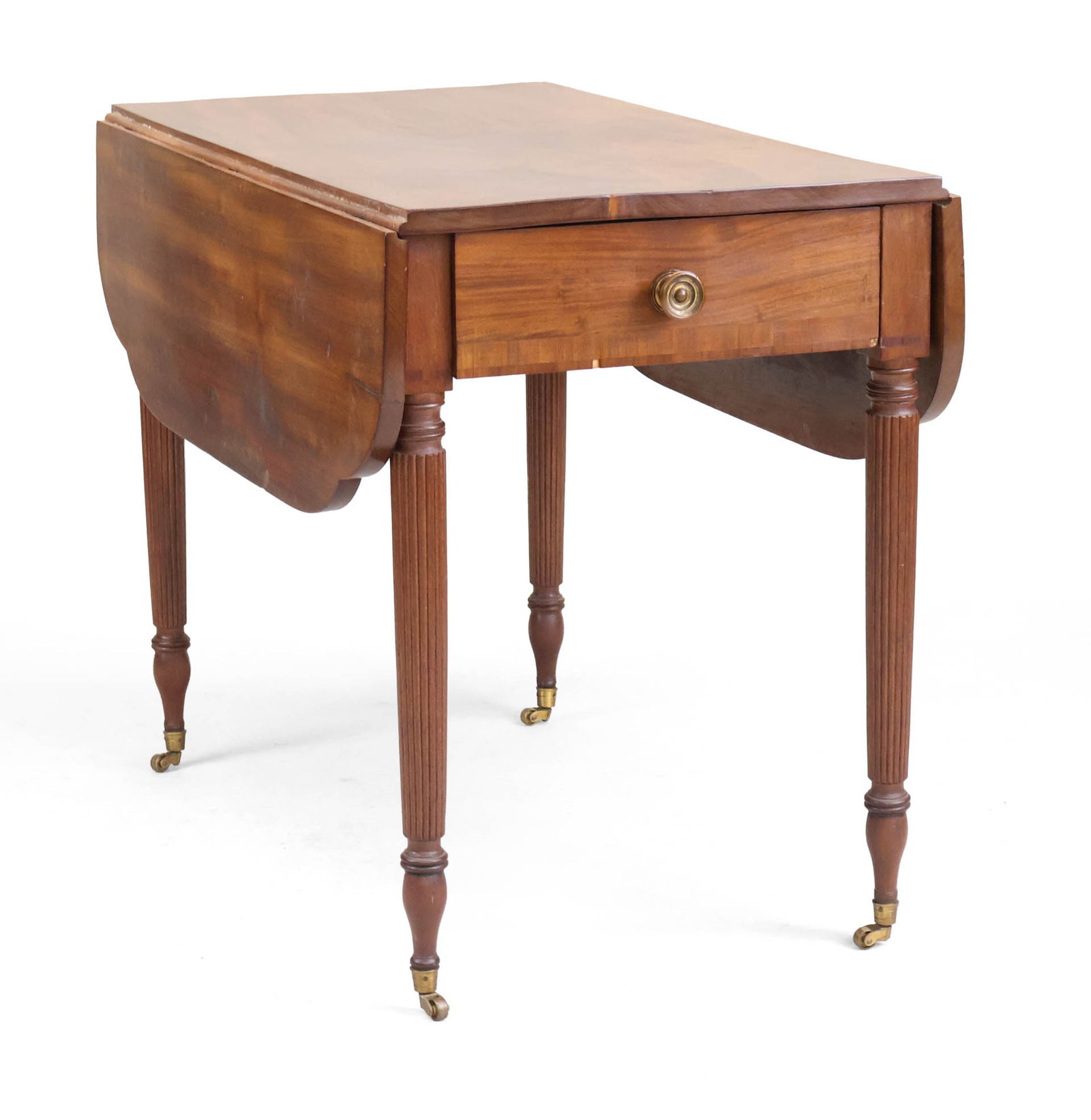 Federal Mahogany Drop Leaf Table: Federal Mahogany Drop Leaf Table American, 19th/20th C. with reeded legs and single drawer. One leg loose. 28 1/2 x 21 1/4 x 36 in. (72.4 x 54 x 91.4 cm.)