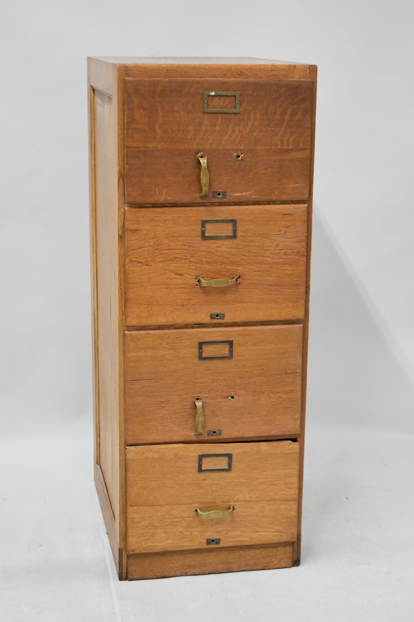 Antique Oak Four Drawer Filing Cabinet: Antique Oak Four Drawer Filing Cabinet Antique Oak Four Drawer Filing Cabinet legal size with paper label in interior W. B. Moses & Sons, Washington DC. Used condition, wear, worn, losses. Measures