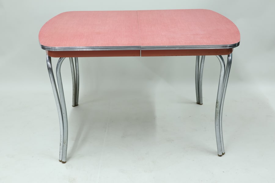 Vintage Chrome and Red Linen Formica Dinette Table: Vintage Chrome and Red Linen Formica Dinette Table Vintage Chrome and Red Linen Formica Dinette Table, together with matching table leaf. Used condition, wear, worn, losses. Table size without leaf