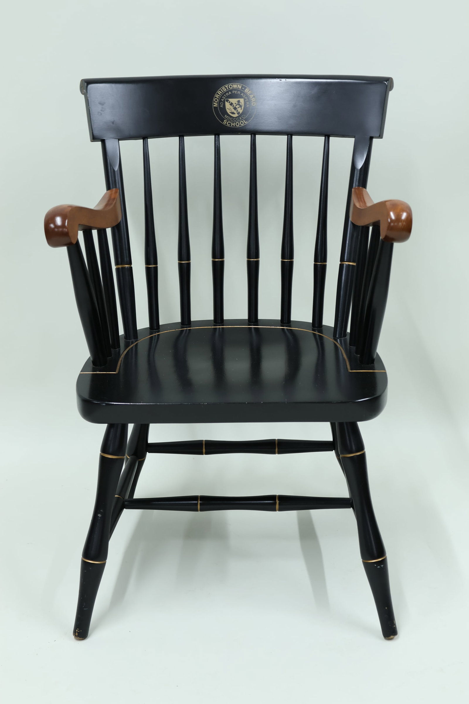 Hitchcock Style Nichols & Stone Morristown Beard School Armchair: Hitchcock Style Nichols & Stone Morristown Beard School Armchair Hitchcock Style Nichols & Stone Morristown Beard School Black and Gold Painted Armchair. Used condition, wear, worn, 34" tall x 23" x