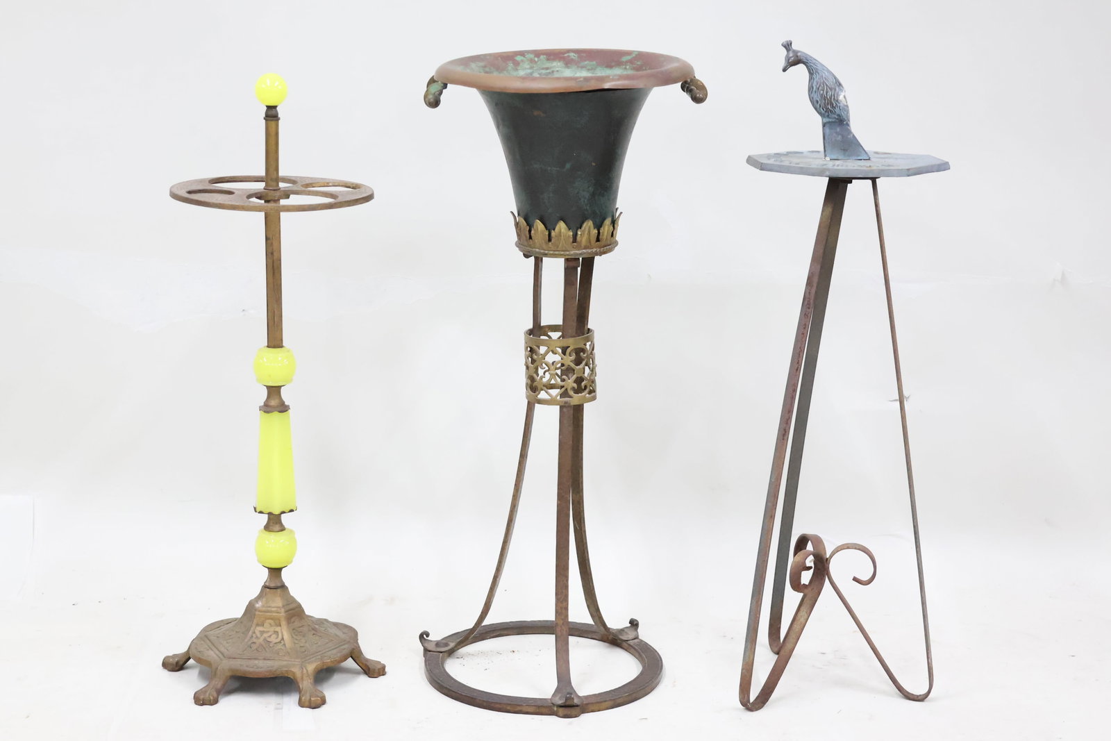 Art Deco Uranium Glass Smoking Stand: Art Deco Uranium Glass Smoking Stand Art Deco Uranium Glass Smoking Stand. Together with a Arts and Crafts style copper plant stand having a hand hammered base, and a vintage metal garden sundial feat