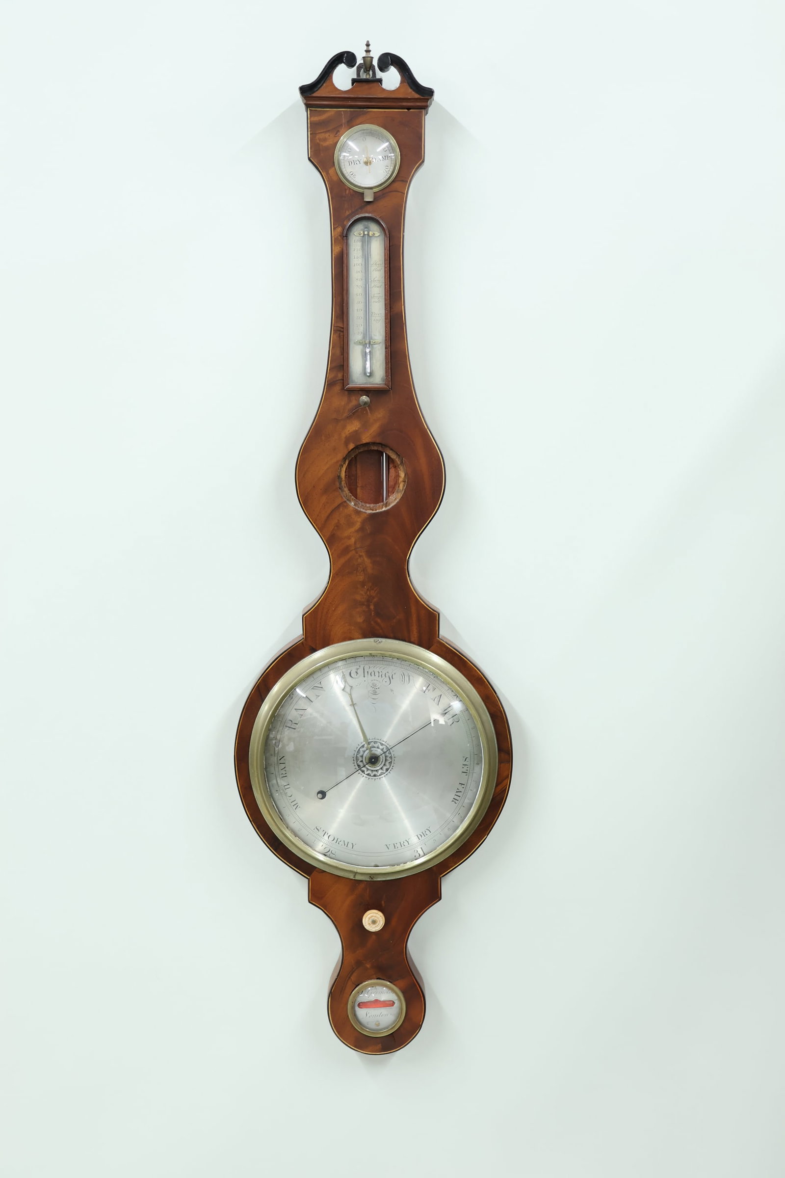 Antique English Mahogany Barometer: Antique English Mahogany Barometer Antique English Mahogany Barometer. Signed on face "D. Grimoldi London" Used unknown working condition, missing parts and measures 45" x 12 1/2".
