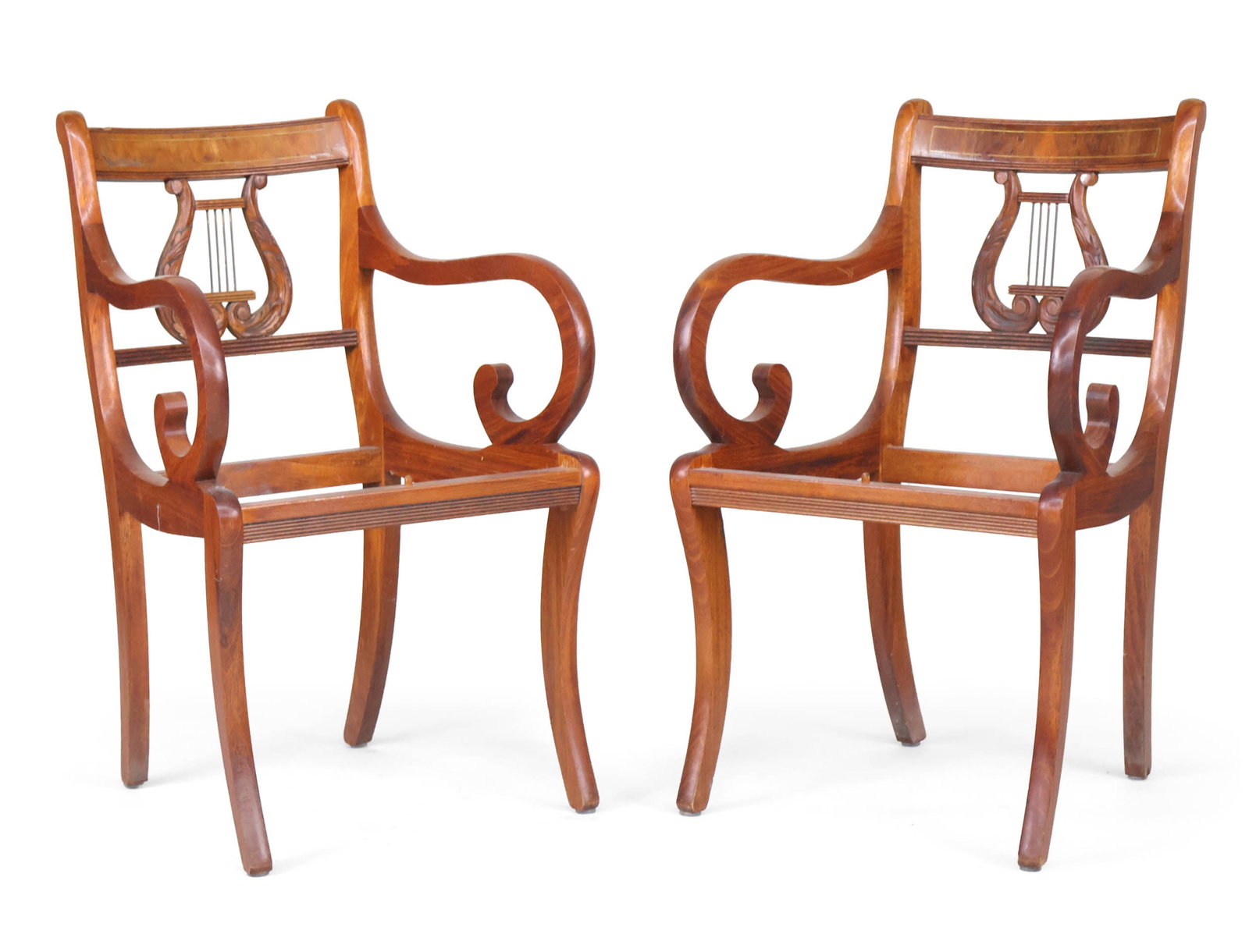 Pair of Duncan Phyfe Style Brass-Inlaid Walnut Armchairs: Pair of Duncan Phyfe Style Brass-Inlaid Walnut Armchairs American, 20th C. with lyre-form backs. Lacking seat cushions, losses, restorations, mildew. 33 3/4 x 21 3/4 x 17 1/4 in. (85.7 x 55.2 x 43.8