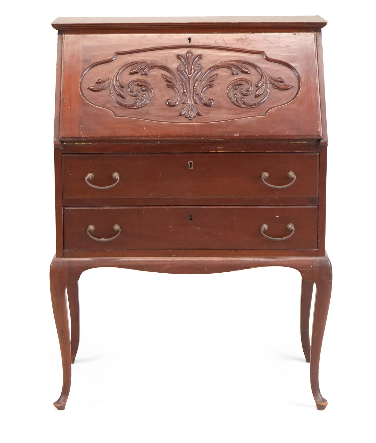 Vintage Carved Mahogany Slant Front Desk: Vintage Carved Mahogany Slant Front Desk 20th C. Surface distress, losses, wear. 40 1/2 x 29 1/4 x 17 1/4 in. (102.9 x 74.3 x 43.8 cm.)