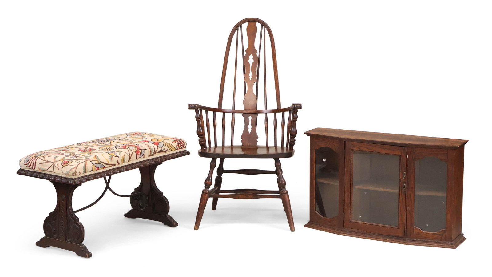Walnut Highback Windsor Armchair: Walnut Highback Windsor Armchair 20th C. Together with a Baroque style oak upholstered bench and an oak hanging wall cabinet. 3 pieces Chair: 46 x 25 x 20 1/2 in. (116.8 x 63.5 x 52.1 cm.), and 20