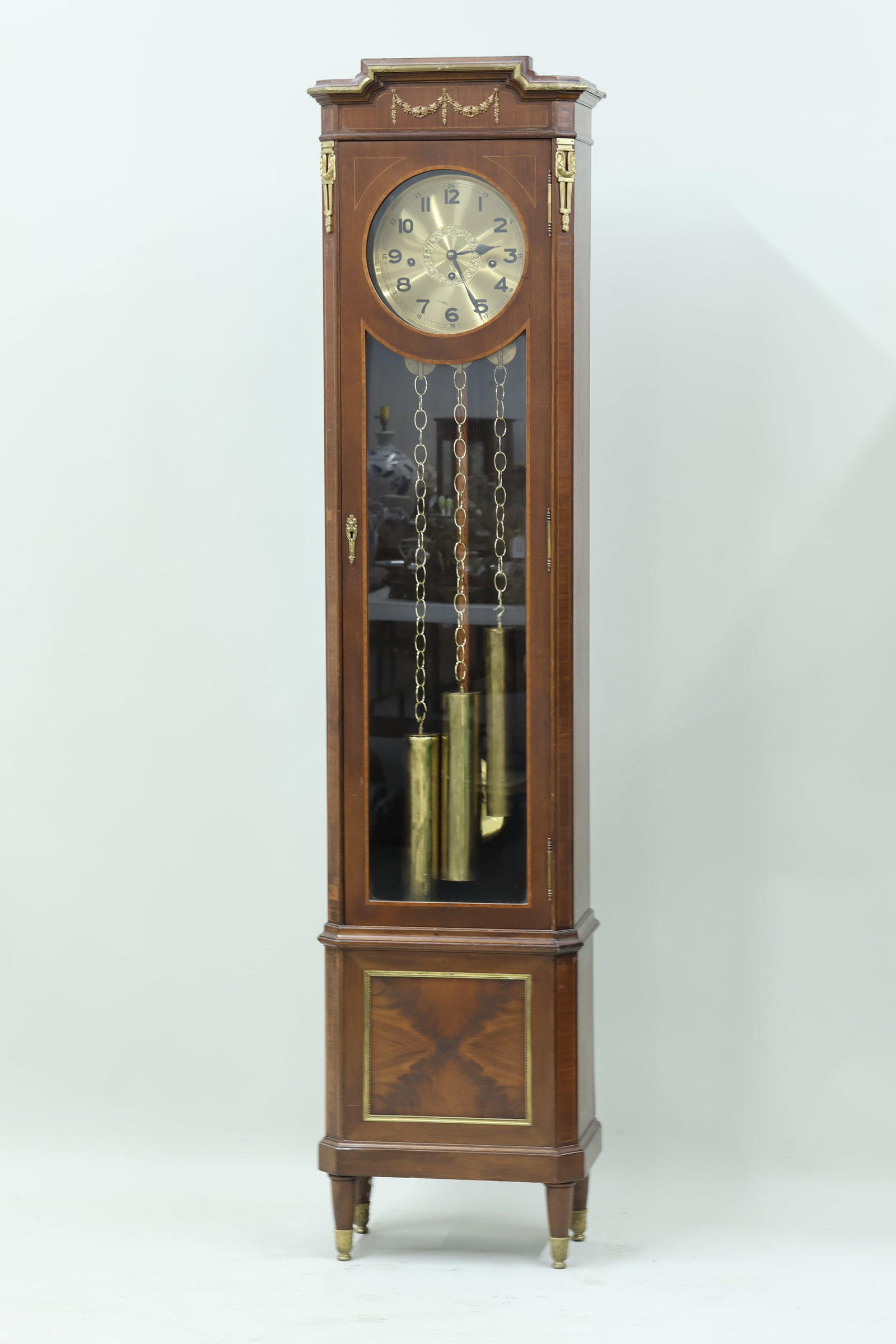 Vintage Louis XVI Style Tall Case Clock: Vintage Louis XVI Style Tall Case Clock Vintage Louis XVI Style Tall Case Clock having pencil inlay with ormolu mounts. Used condition, minor wear. 80" tall 18 1/4" wide x 11" deep