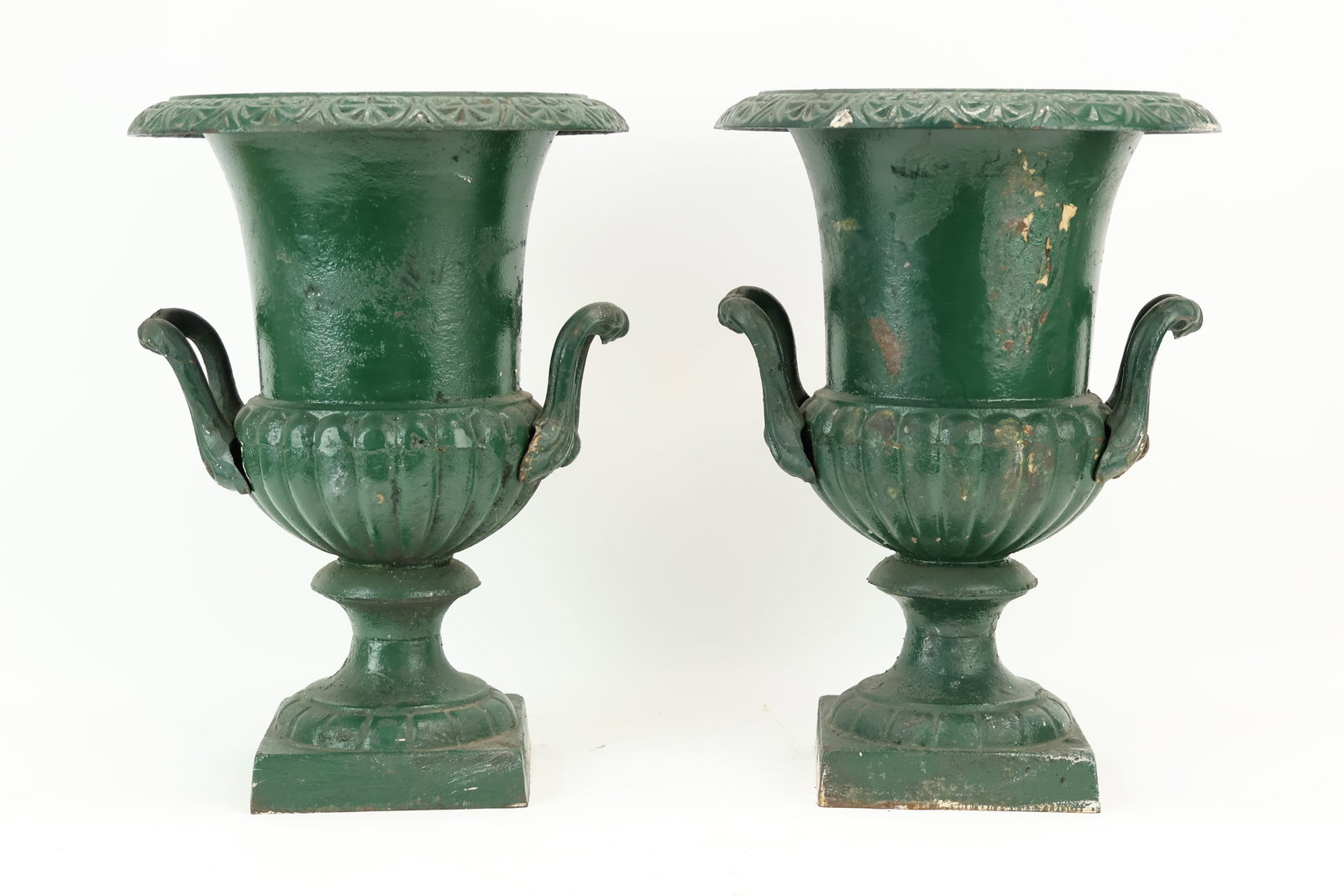 Pair of Green Painted Cast Iron Double Handled Urns (1 of 12)