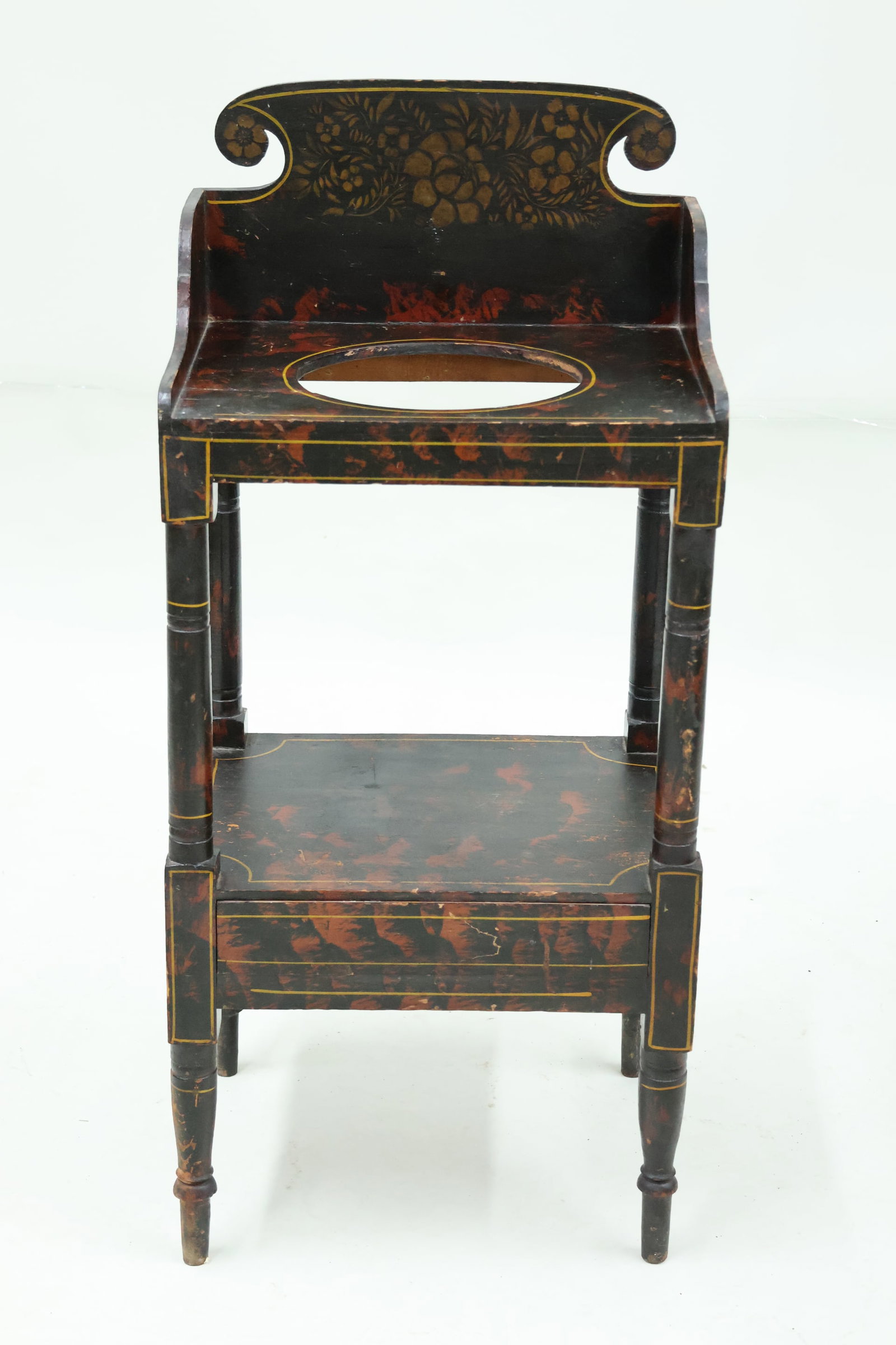 Antique Hitchcock Stencil Decorated Washstand: Antique Hitchcock Stencil Decorated Washstand Antique Hitchcock Stencil Decorated Washstand, having open shelf above single drawer. Used condition, wear, worn, losses. 37 1/4"h x 17"w x 13 1/2"d