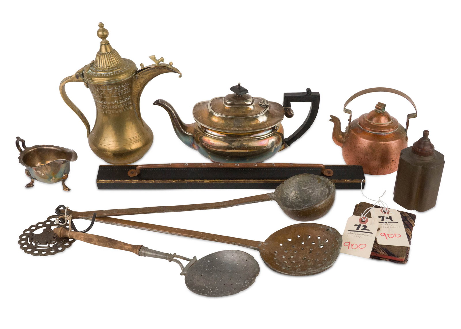 Group of Metal Kitchen Utensils: Group of Metal Kitchen Utensils Including, a Silver Plated Teapot and Creamer, Teapot marked Elkington., a brass covered jar, two strainers, a ladle, a copper teapot, and a brass Persian teapot. Toget