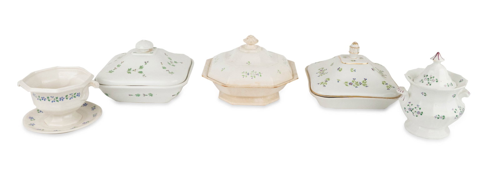 Three Floral Decorated Covered Vegetable Dishes: Three Floral Decorated Covered Vegetable Dishes Together with a Henry Ford Museum sauce tureen (lacking lid) and a covered tureen. 5 pieces Stains, chips, wear, cracks. Largest: 6 1/2 x 10 x 10 in.