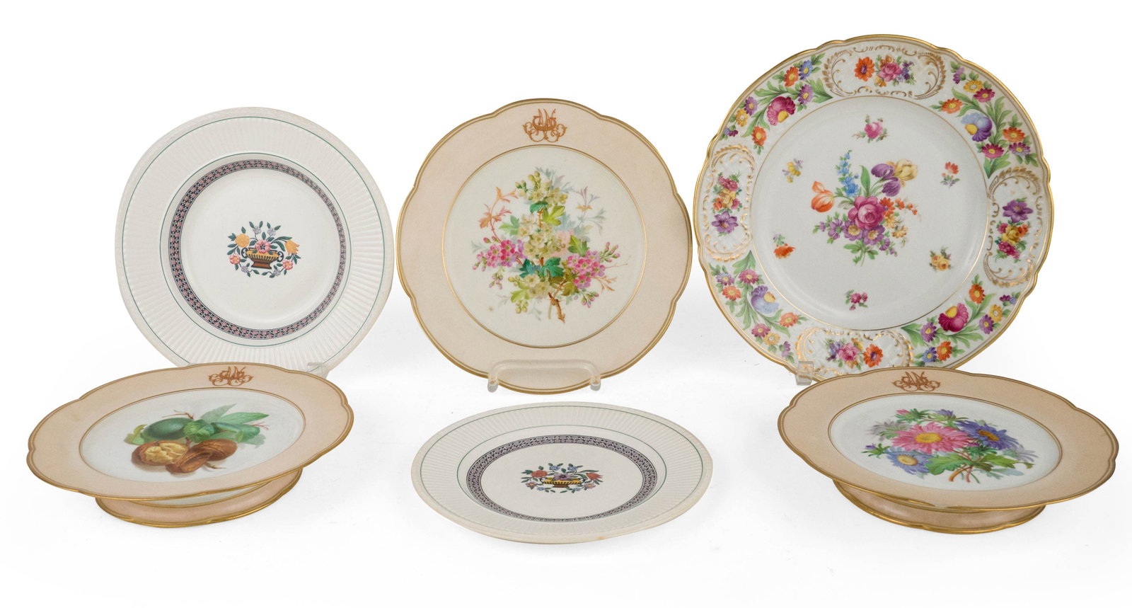 Group of Assorted Porcelain Plates: Group of Assorted Porcelain Plates Comprising, 3 Schumann Bavaria plates, four Wedgwood soup bowls and 6 matching plates, and floral decorated cake plates and plate. 16 pieces Chips, wear, stains,