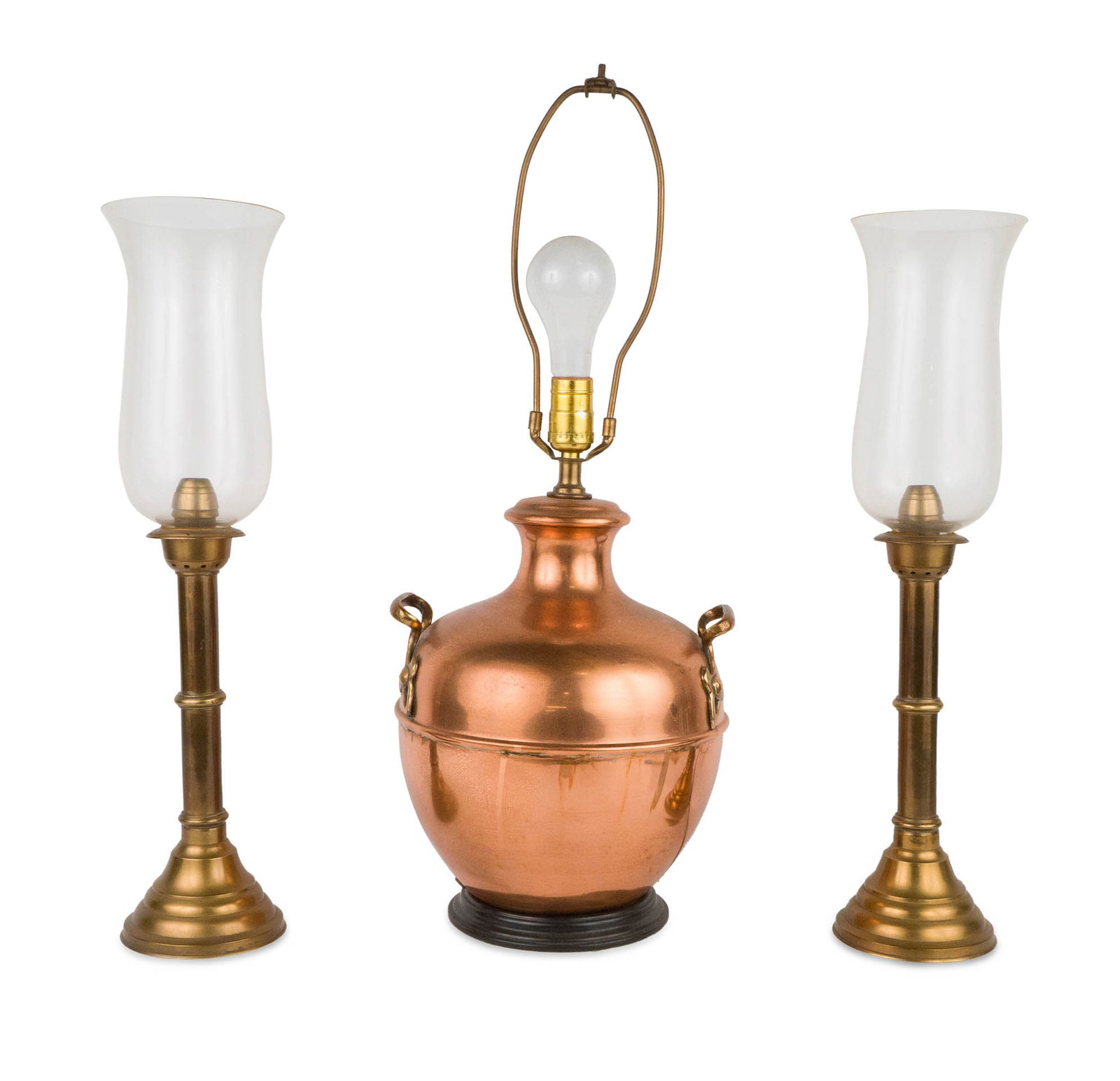 Pair of Brass Hurricane Lamps: Pair of Brass Hurricane Lamps Together with a copper double handled table lamp. 21 x 5 in. (53.3 x 12.7 cm.), and 26 x 10 1/2 in. (66 x 26.7 cm.)