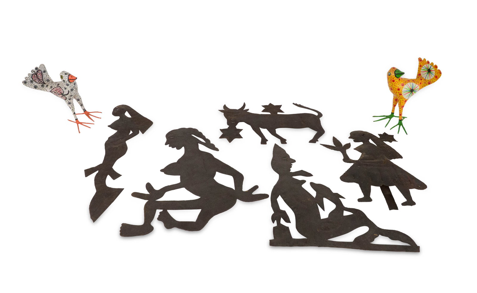 Gabriel Bien-Aime, 1951-, Five Figural, Cut Steel and Iron Sculptures: Gabriel Bien-Aime 1951- Five Figural Cut Steel and Iron Sculptures Some signed G.B. or G. Bien-Aime, including, a mermaid, a cow, and a girl. Together with two painted papier mache birds. Largest: 13