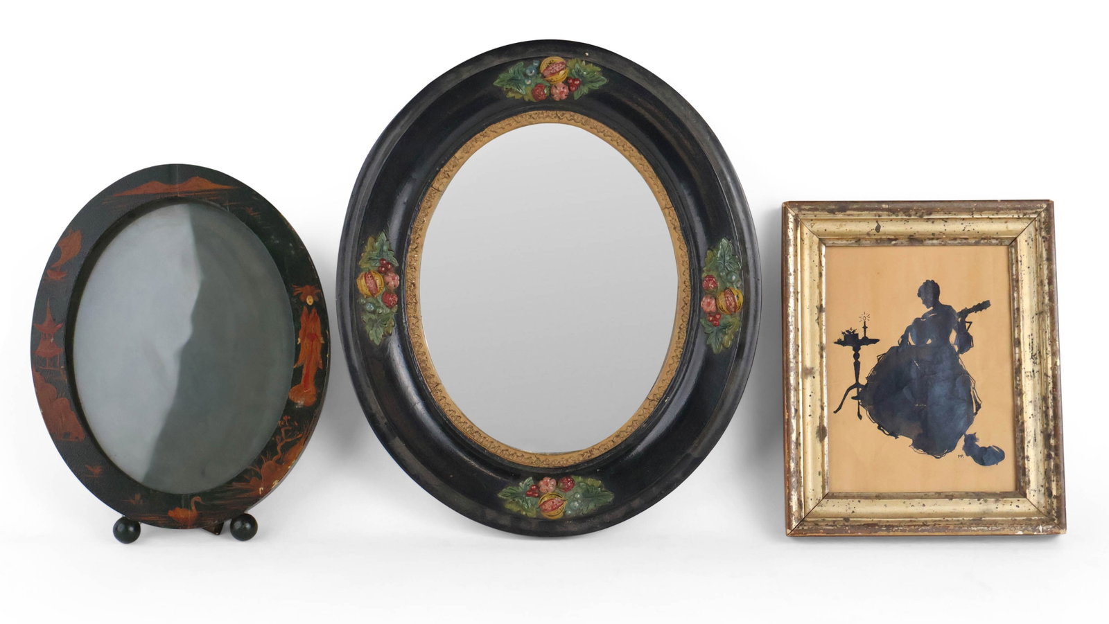 Painted Fruit-Decorated Oval Mirror: Painted Fruit-Decorated Oval Mirror Together with a Chinoiserie decorated oval picture frame, and a frame silhouette of a woman playing a guitar. Picture frame stand broken, losses, wear, surface