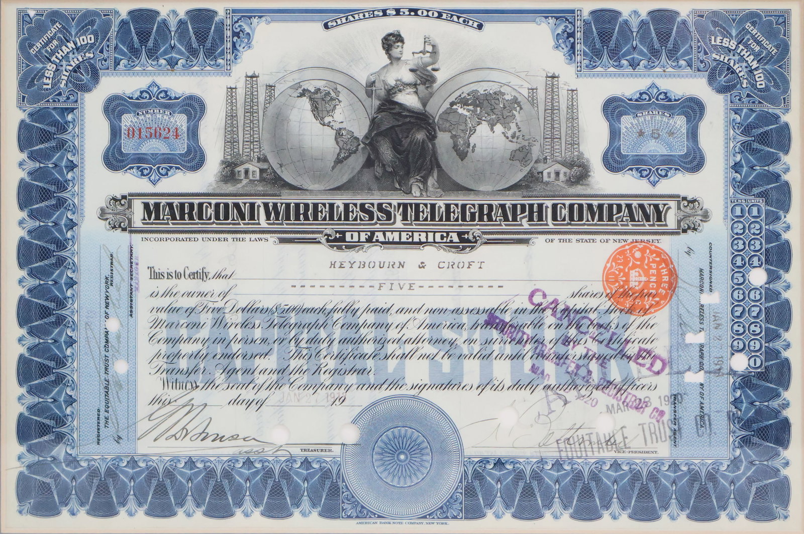 Marconi Wireless Telegraph Co Stock Certificate: Marconi Wireless Telegraph Co Stock Certificate Number 015624, Jan. 27 1918. Sight: 8 x 11 1/2 in. (20.3 x 29.2 cm.), Frame: 13 x 17 in. (33 x 43.2 cm.)