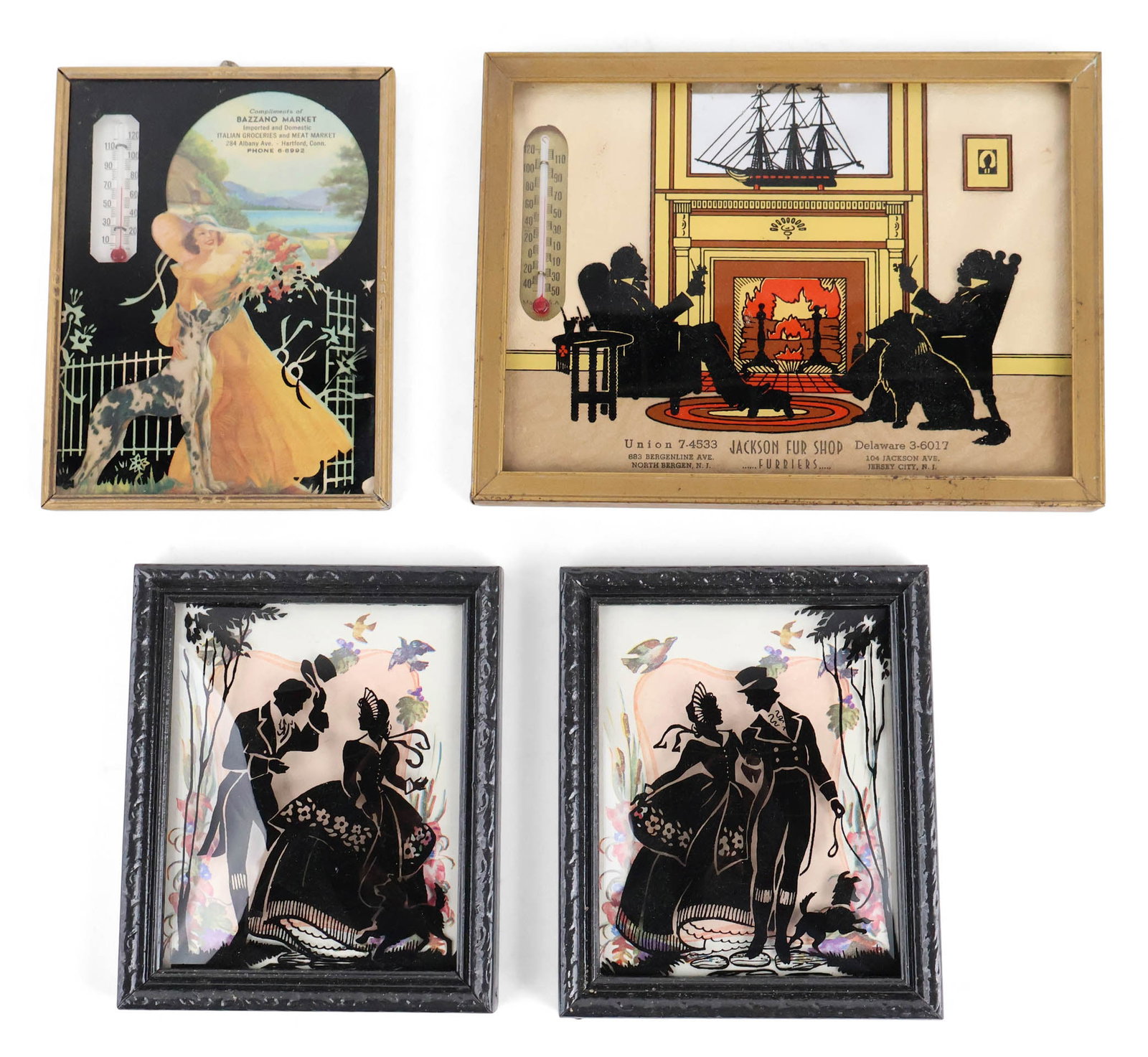Pair of Reverse Painted Silhouettes of Couples: Pair of Reverse Painted Silhouettes of Couples Together with a framed thermometer from Bazzano Marker, and a framed thermometer from Jackson Fur shop. 4 pieces Largest Sight: 5 1/4 x 7 1/4 in. (13.3