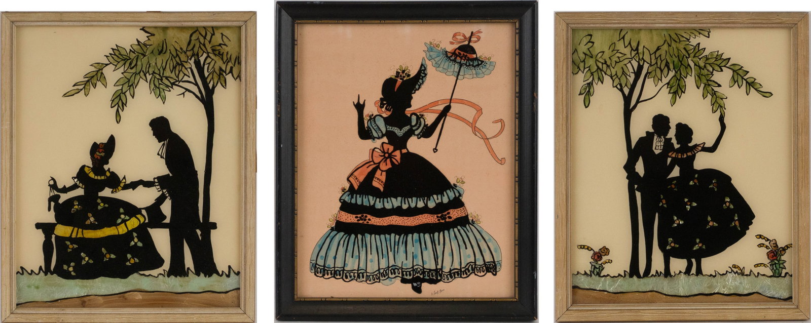 Two Eglomise and Foil Silhouettes of Couples: Two Eglomise and Foil Silhouettes of Couples Together with a painted silhouette of a woman with umbrella, signed "H. Paull Ross". 3 pieces Sight: 9 3/4 x 7 3/4 in. (24.8 x 19.7 cm.), Frame: 10 3/4 x