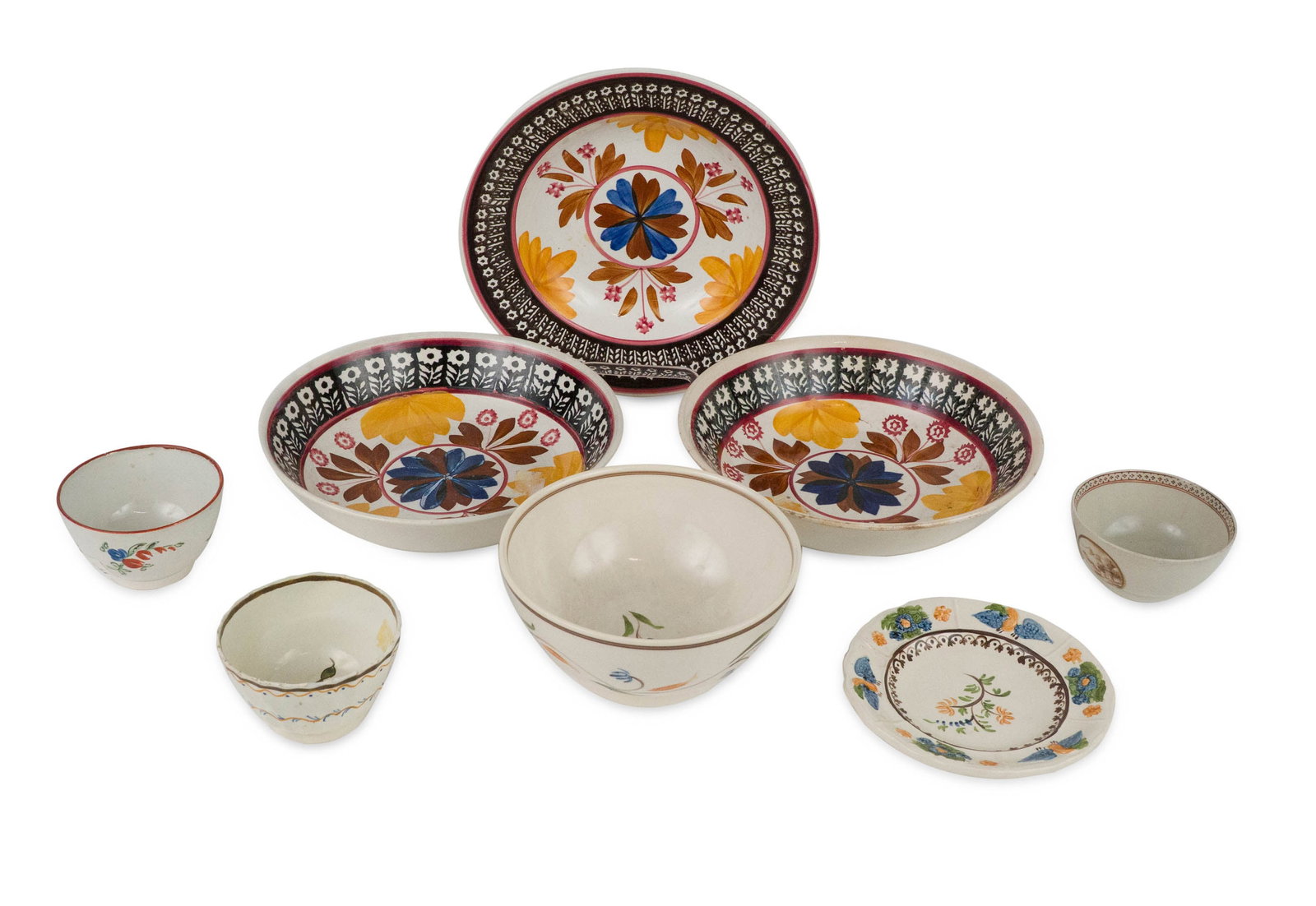 Eight Assorted Porcelain Table Articles: Eight Assorted Porcelain Table Articles Including, a creamware bowl and dish marked "D. Keegan", three pearlware tea bowls, a Sarreguemines, France bowl, and two English stick sponge bowls. Largest: