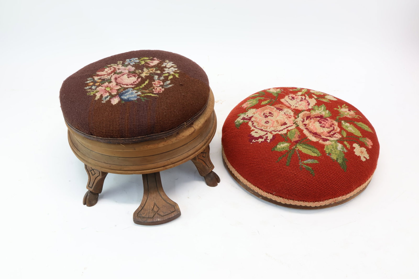 Victorian Needlepoint Upholstered Foot Stool: Victorian Needlepoint Upholstered Foot Stool Victorian Needlepoint Upholstered Foot Stool having hinged lid with hoof feet. Together with a needle point upholstered piano stool top. Used condition,