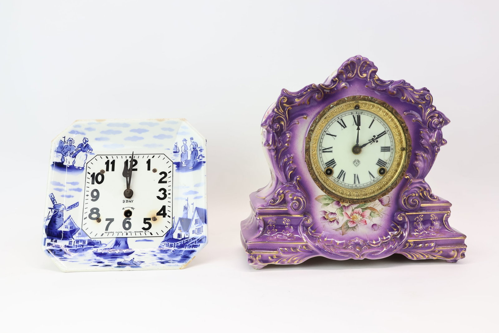 Antique Floral Decorated Porcelain Mantle Clock Marked Wing: Antique Floral Decorated Porcelain Mantle Clock Marked Wing Antique Floral Decorated Porcelain Mantle Clock Marked Wing and labeled on works Amsonia clock company New York. Together with a blue and