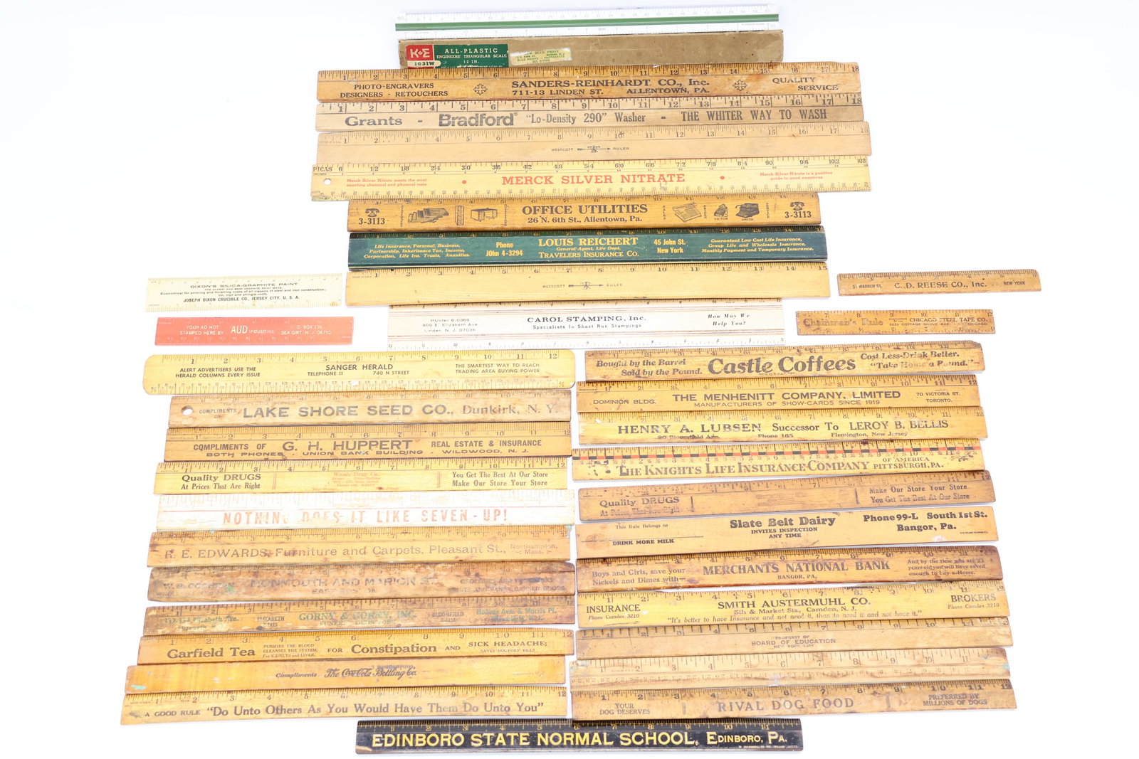 Group of Assorted Wooden Rulers and Measures: Group of Assorted Wooden Rulers and Measures Group of Assorted Wooden Rulers and Measures. Including Merchants National Bank Bangor PA, Smith Austermuhl Company Camden NJ, Sanders-Reinhardt Company