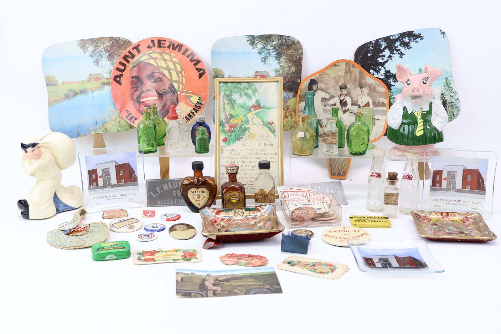 Vintage Group of Assorted Advertising Articles: Vintage Group of Assorted Advertising Articles Vintage Group of Assorted Advertising Articles. Including small glass bottles of various shapes, sizes and colors, with "Lochan Ora Liqueur", " Masson Ra