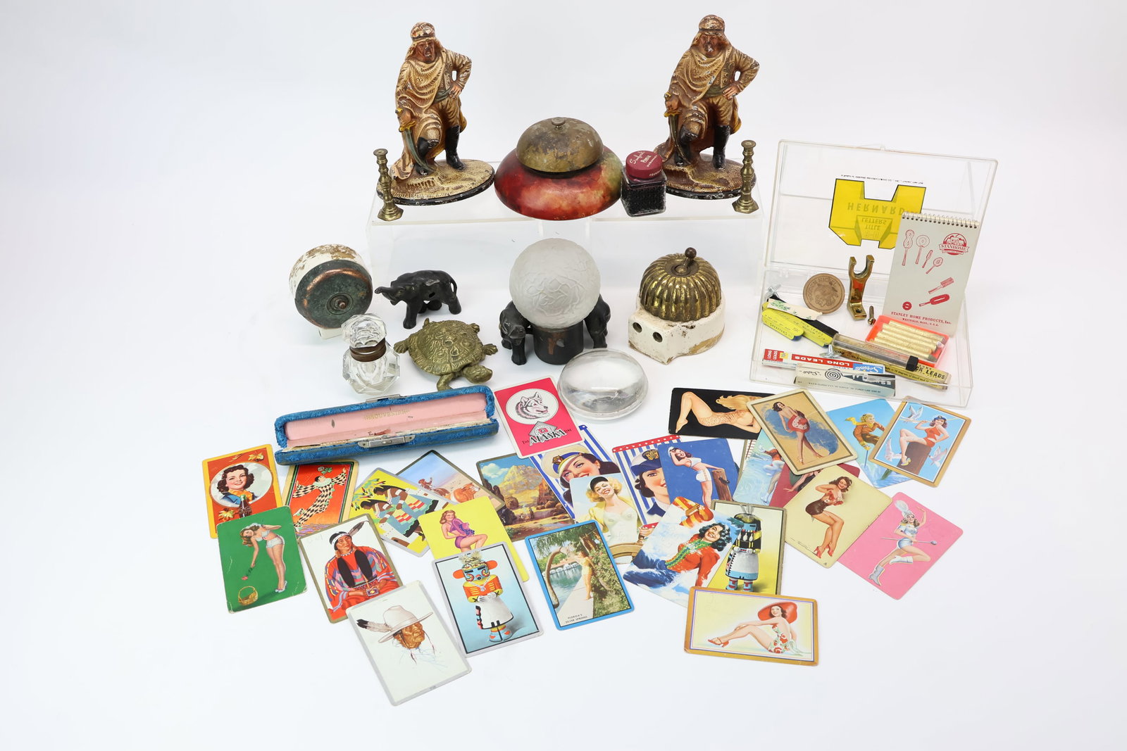 Group of Assorted Vintage Desk Articles: Group of Assorted Vintage Desk Articles Group of Assorted Vintage Desk Articles. Including Exalt electric switches, Arabic warrior bookends, elephant desk light, magnifier glass, dip pen and ink