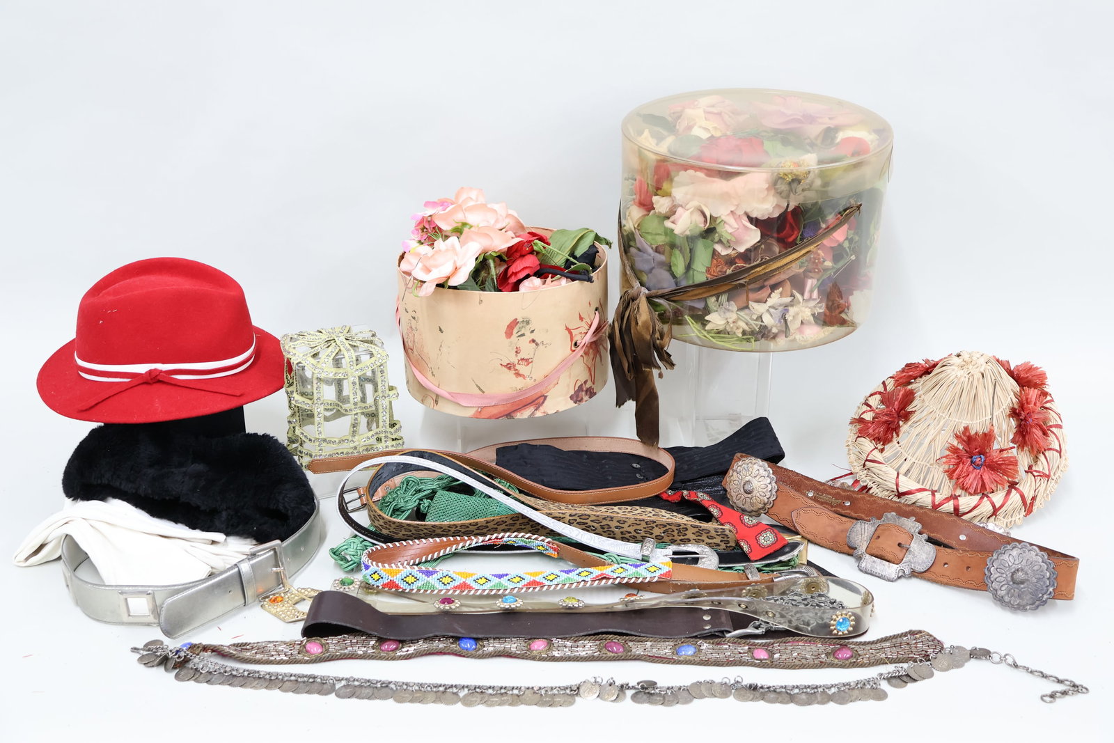 Large Vintage Group of Hats, Millinery Flowers and Belts (1 of 8)