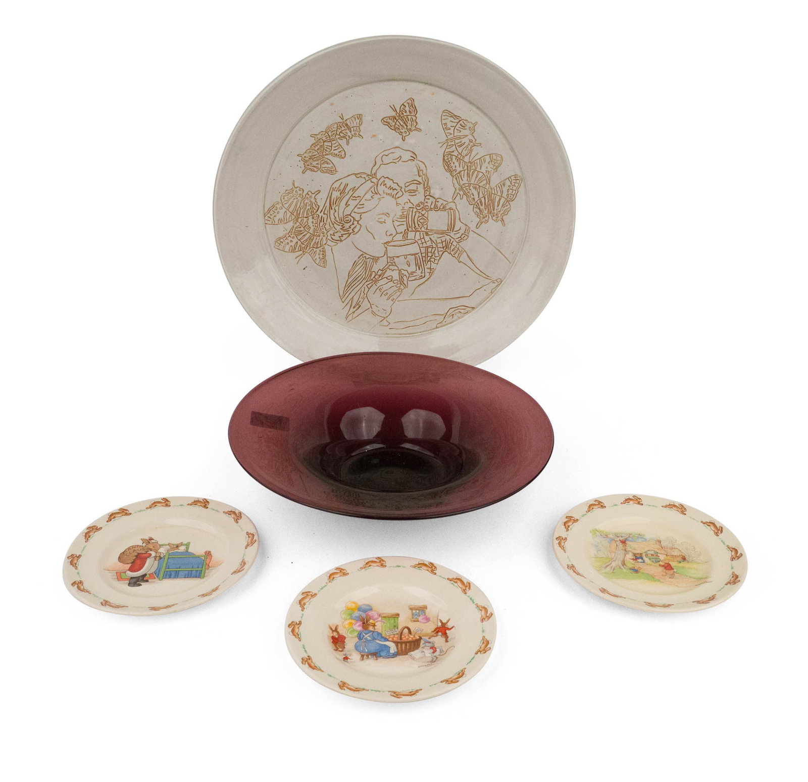 Three "Bunnykins" Small Plates: Three "Bunnykins" Small Plates English, 20th C. Together with an amethyst glass shallow bowl and a sgraffito-decorated ceramic charger. Provenance: Property from the Contents of Ellistan, Somerset