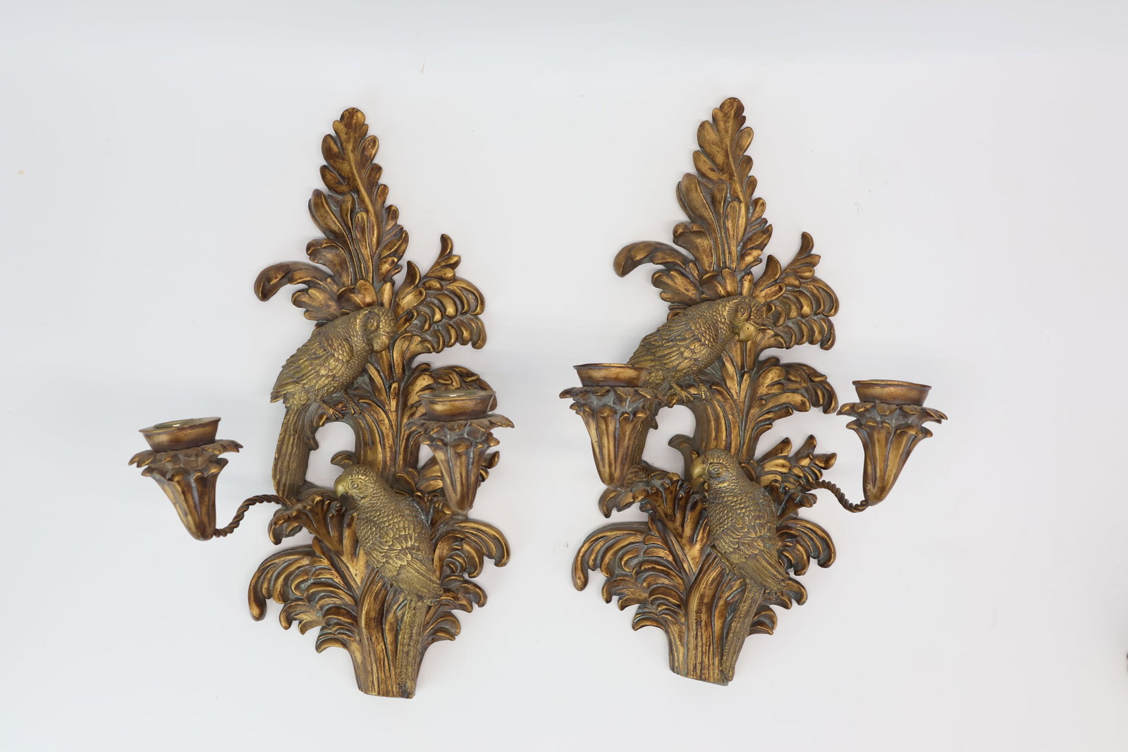 Pair of Two Light Gilt Painted Parrot Decorated Wall Sconces (1 of 9)