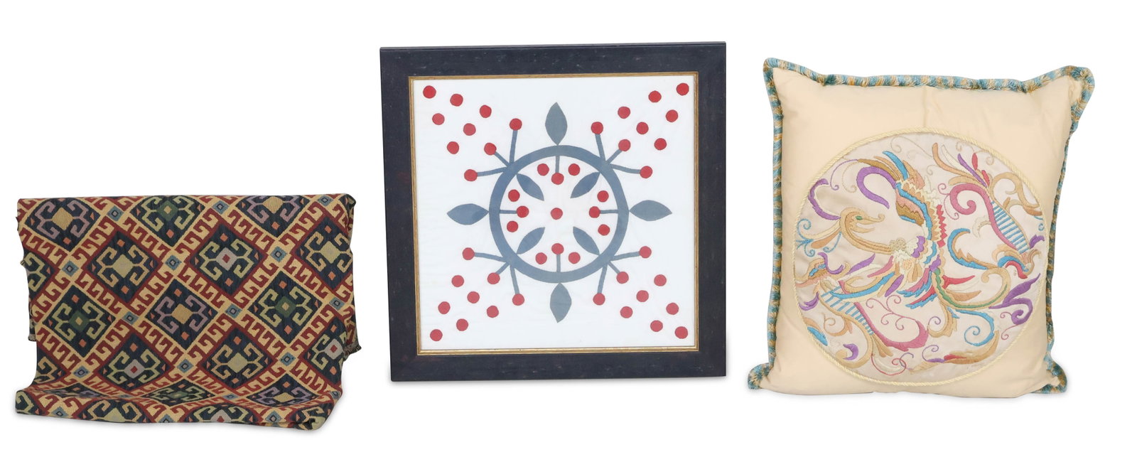Framed Applique Quilt Block of Cherries and Leaves: Framed Applique Quilt Block of Cherries and Leaves 19th/20th C. Together with a crewelwork throw pillow and a fabric panel. Sight: 17 x 17 in. (43.2 x 43.2 cm.), Frame: 20 3/4 x 20 3/4 in. (52.7 x