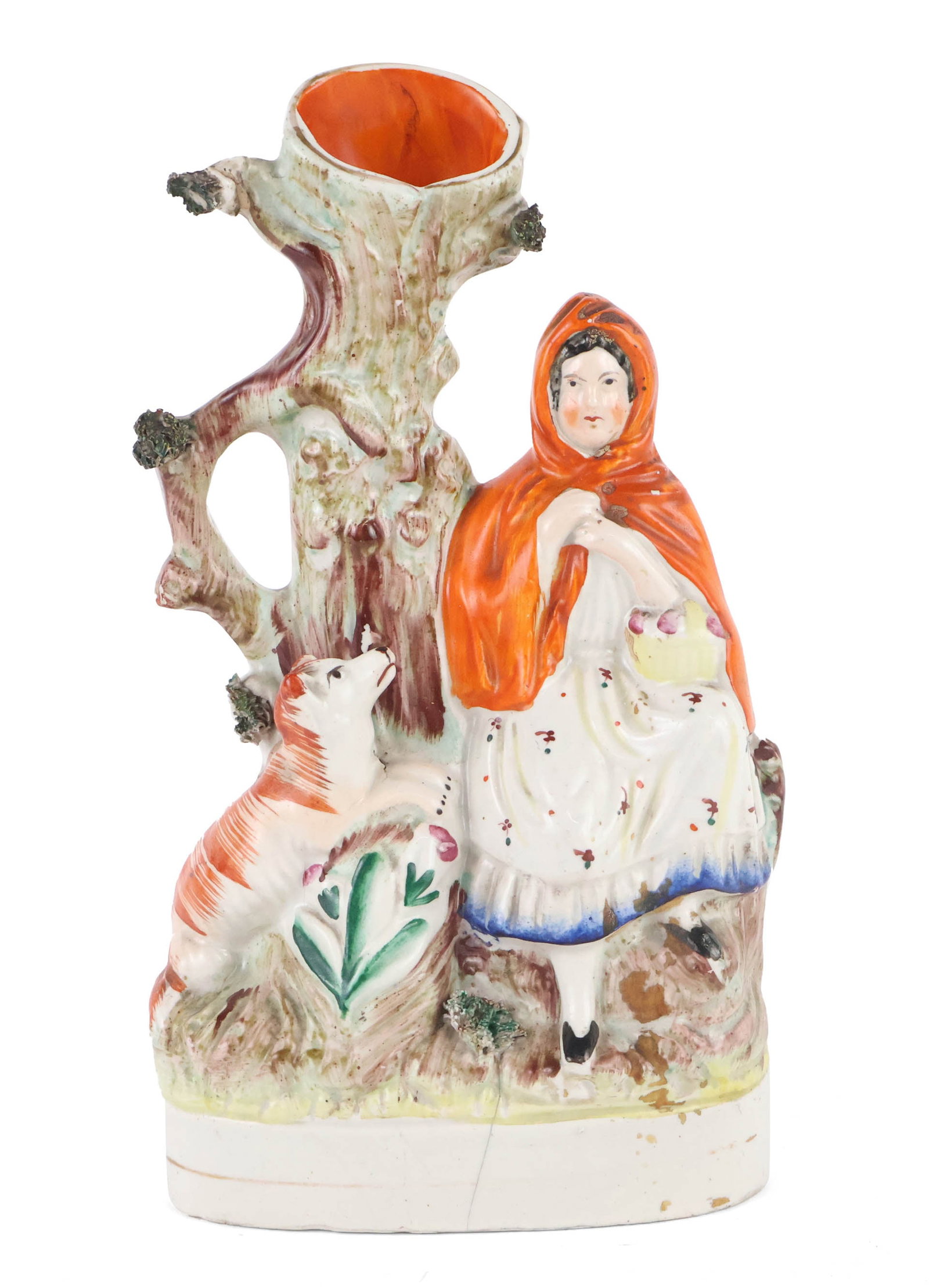 Staffordshire Little Red Riding Hood Spill Vase: Staffordshire Little Red Riding Hood Spill Vase English, 19th/20th C. Crack to front. 10 x 5 1/2 x 2 1/2 in. (25.4 x 14 x 6.4 cm.)