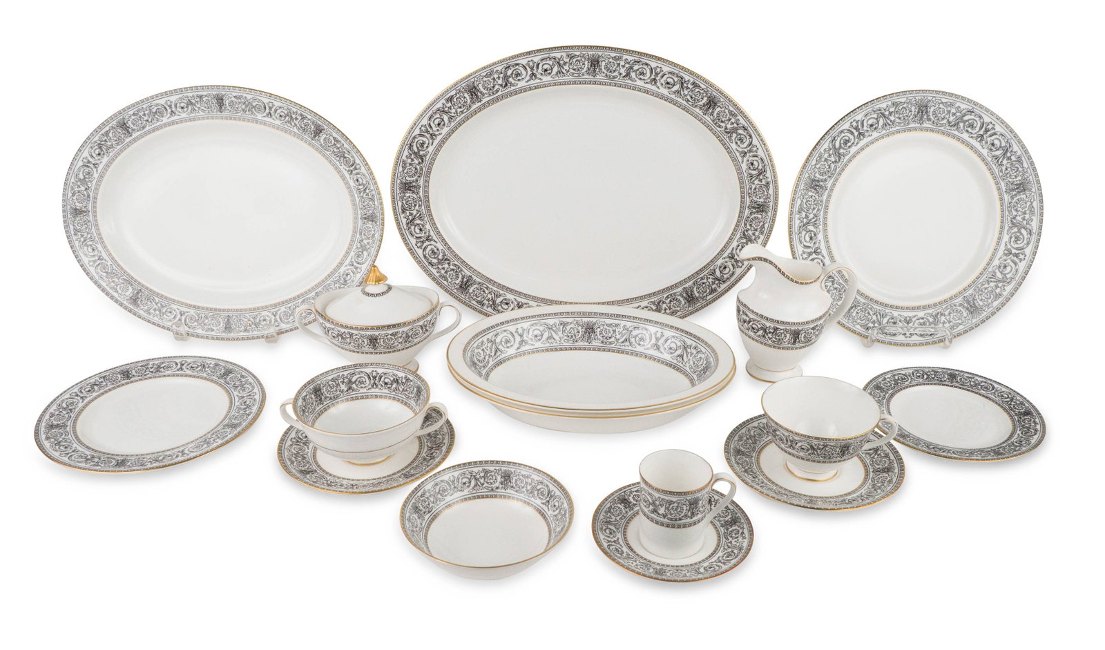 Partial Royal Doulton Baronet Dinner Service: Partial Royal Doulton Baronet Dinner Service Comprising, two oval platters, 12 dinner plates, 24 luncheon plates, 12 bread plates, 12 fruit bowls, 12 demitasse cups and 12 saucers, 12 teacups, 12 boui