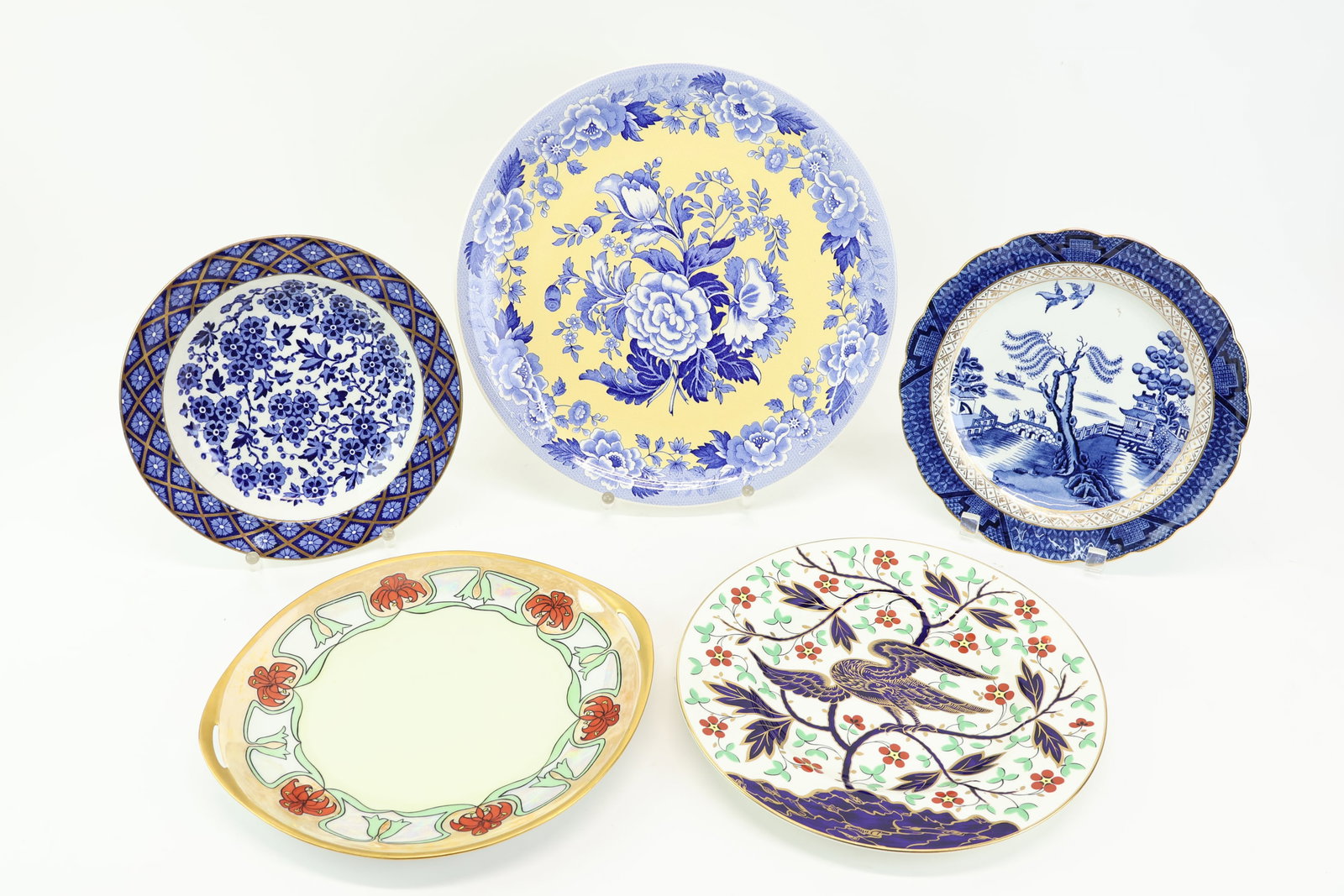 Group of Five Assorted Serving Plates: Group of Five Assorted Serving Plates Group of Five Assorted Serving Plates. Comprising Spode Blue Room Garden Collection "British Flowers- Poppy", Art Nouveau style signed Clara M. Balliette 1914. St