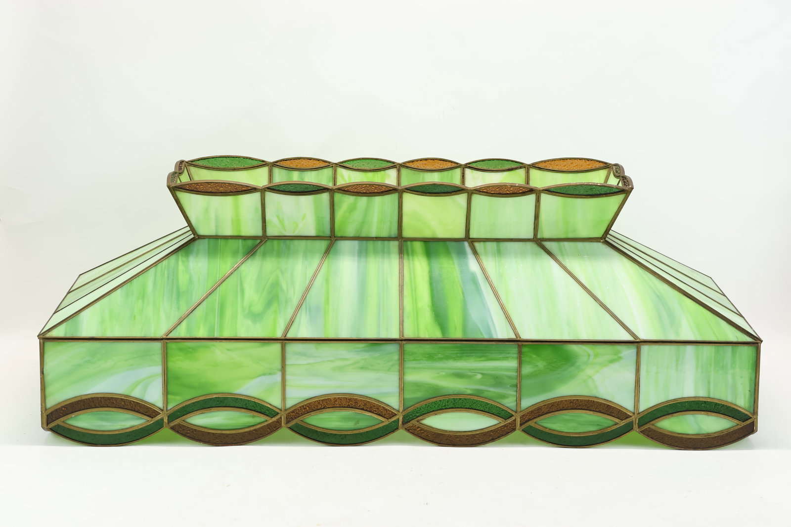 Vintage Stained Glass Billiards Hanging Lamp: Vintage Stained Glass Billiards Hanging Lamp Vintage Stained Glass Billiards Hanging Lamp. Used condition, wear, worn, losses. 13 1/4" tall x 16 1/4" x 12 1/4"