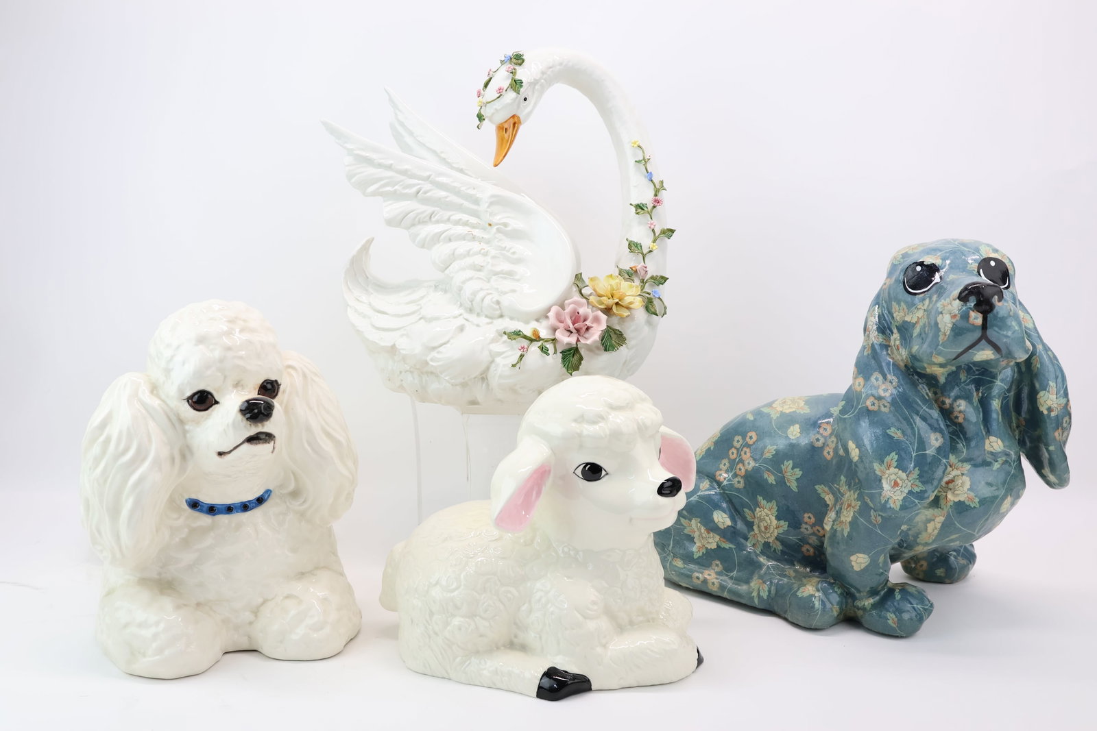 Large Vintage Whites Whatchamacallits Basset Hound: Large Vintage Whites Whatchamacallits Basset Hound Large Vintage Whites Whatchamacallits Basset Hound. Together with a ceramic Poodle, Lamb and Swan. Used condition, floral and foliate losses to