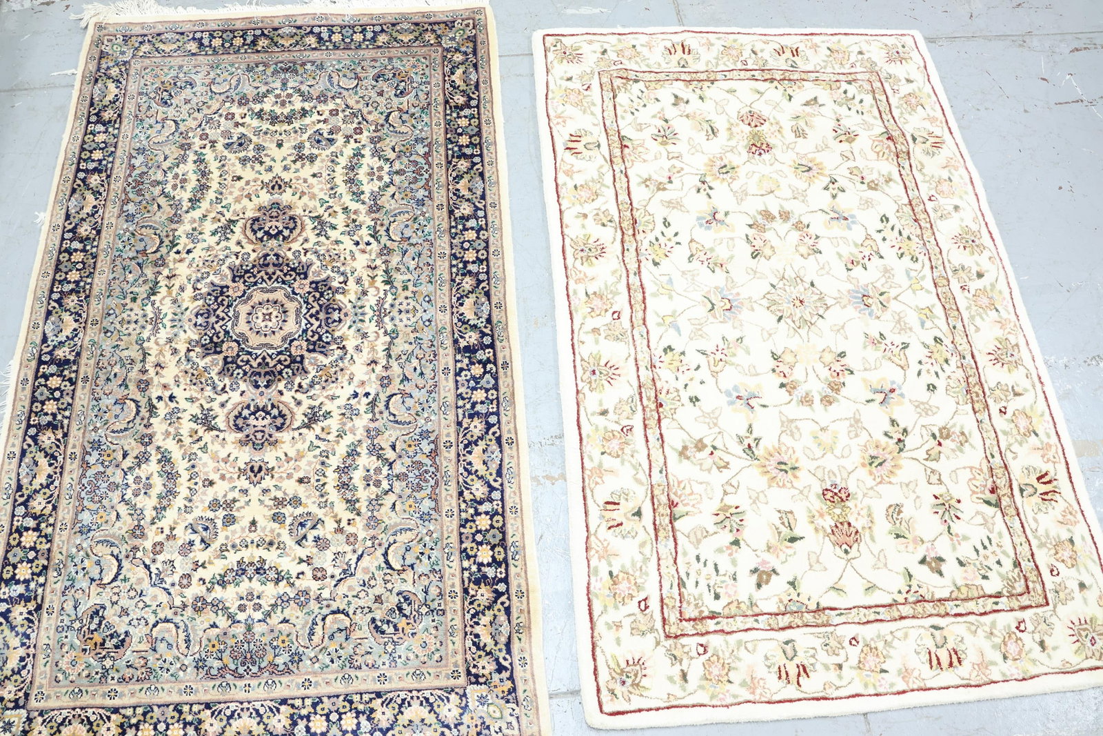 Vintage Persian Style Area Rug: Vintage Persian Style Area Rug Vintage Persian Style Area Rug, having a central floral medallion on an ivory field with blue and indigo accents and measuring 70 1/2" x 30 1/2". Together with a Persian