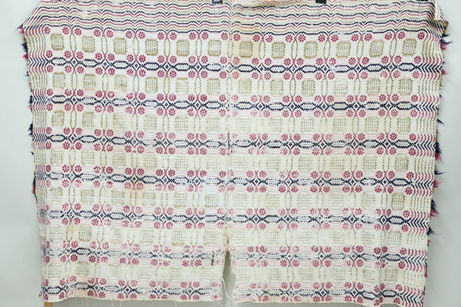 Overshot Pattern Vintage Coverlet: Overshot Pattern Vintage Coverlet Overshot Pattern Vintage Coverlet in cream, sage, rose pink and sage green .Measures 78" x 58". Together with 3 Linsey Woolsey blankets. One with embroidered initials