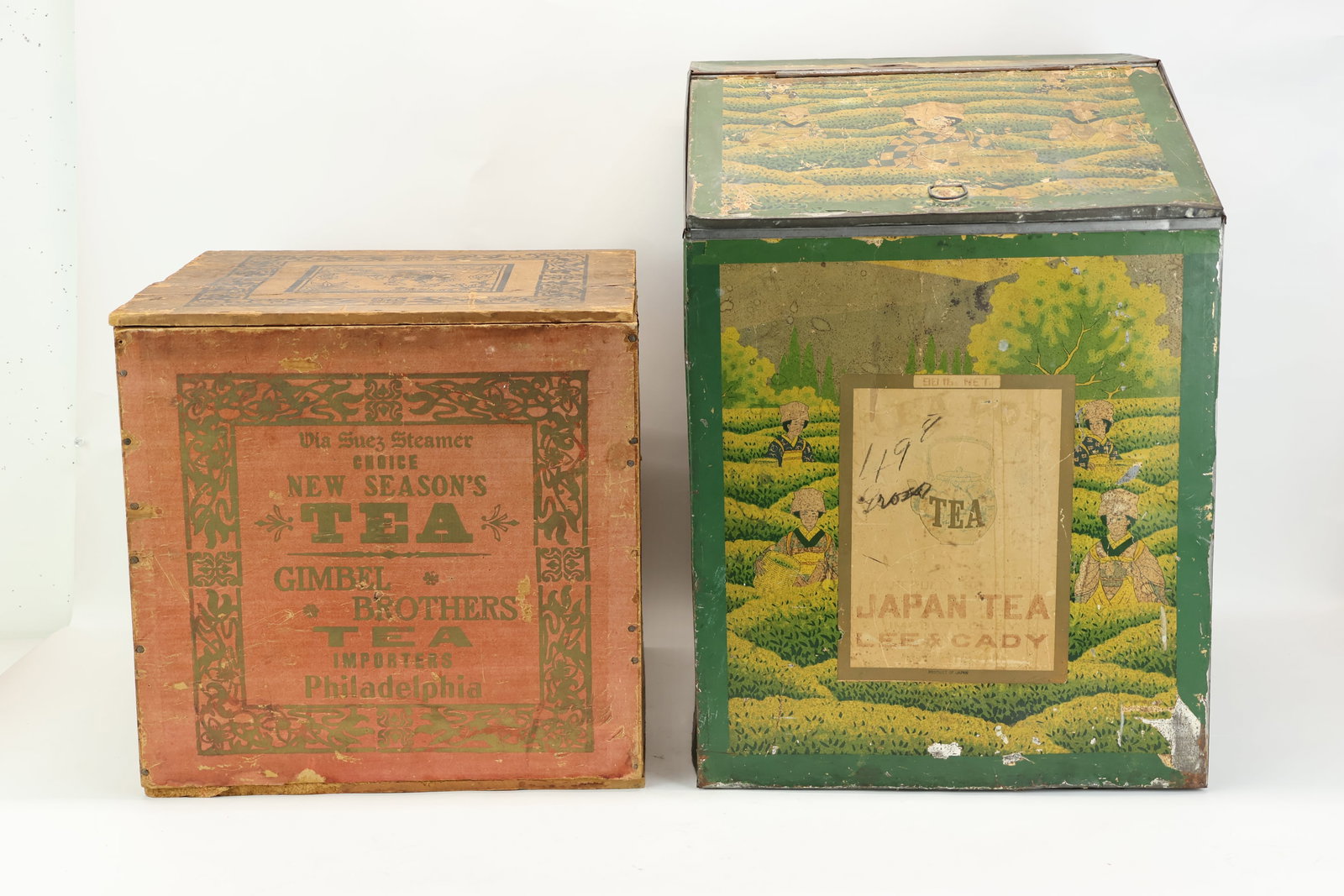 Antique Japan Lee & Cady Tea Transport 90 lb.Box: Antique Japan Lee & Cady Tea Transport 90 lb.Box Antique Japan Lee & Cady Tea Transport 90 lb.Box. Used as a Shipping Crate for tea, made of tin to keep tea leaves airtight and fresh. Measures 23"H x