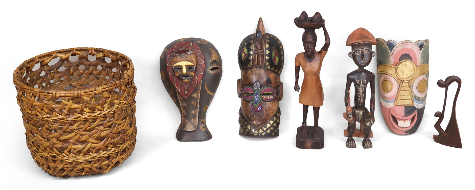 Group of Tribal Style Masks and Figurals: Group of Tribal Style Masks and Figurals Together with a basket. Basket: 15 1/2 x 17 1/2 in. (39.4 x 44.5 cm.)