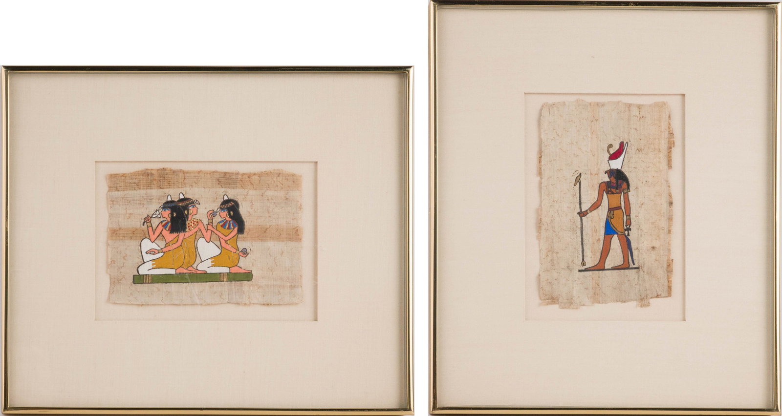 Two Egyptian Papyrus Paintings: Two Egyptian Papyrus Paintings One of "Mother and Daughter Pharaoh" the other of Amun-Ra. Sights: 4 x 5 1/2 and 6" x 3 3/4"w, Frames: 10" x 11 3/4"w and 11 3/4"h x 10"w