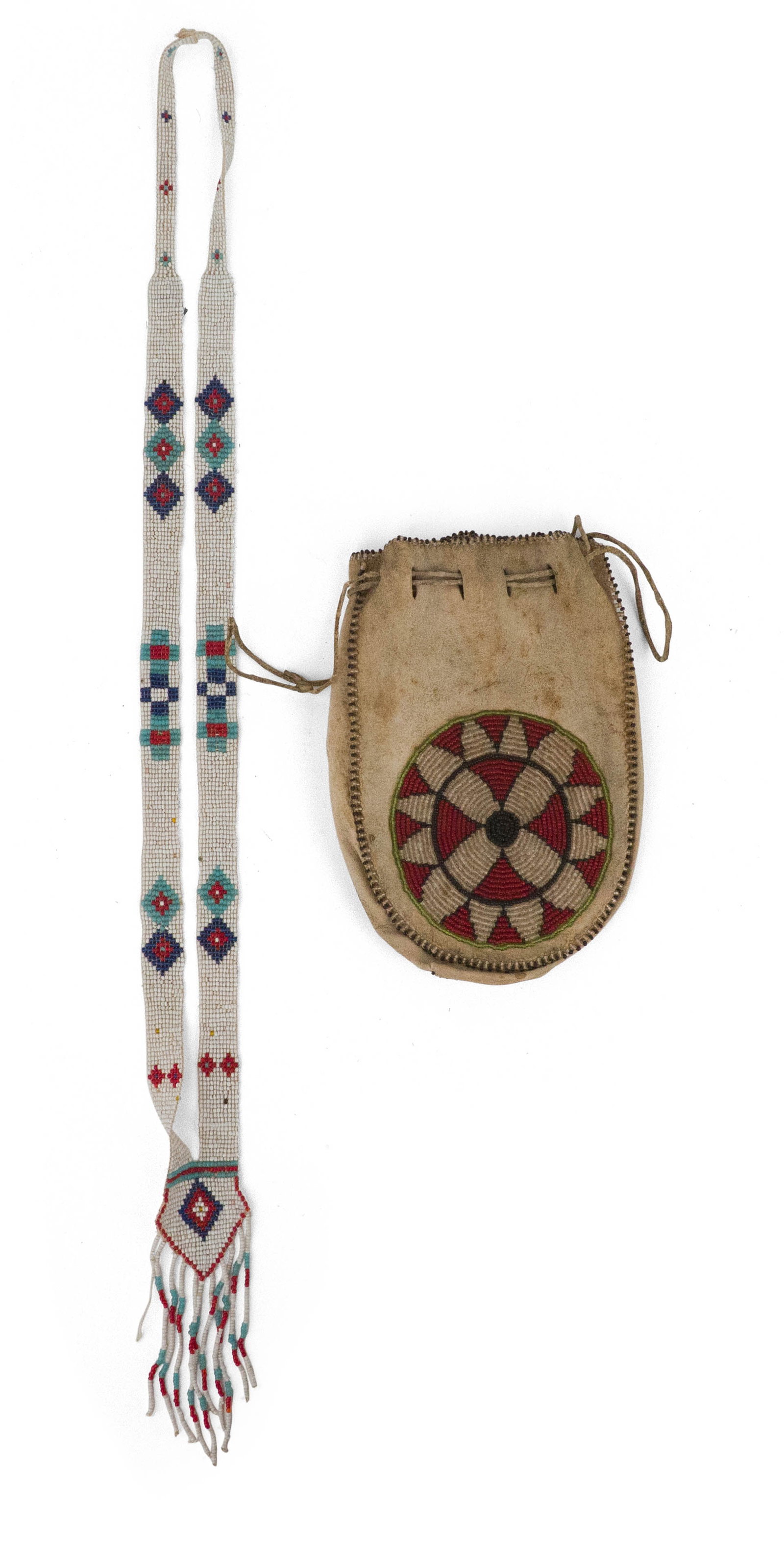 Native American Beaded Leather Pouch: Native American Beaded Leather Pouch 1900-1950. Together with a beaded necklace. Wear, surface distress. Pouch: 6 3/4 x 4 3/4 in. (17.1 x 12.1 cm.)