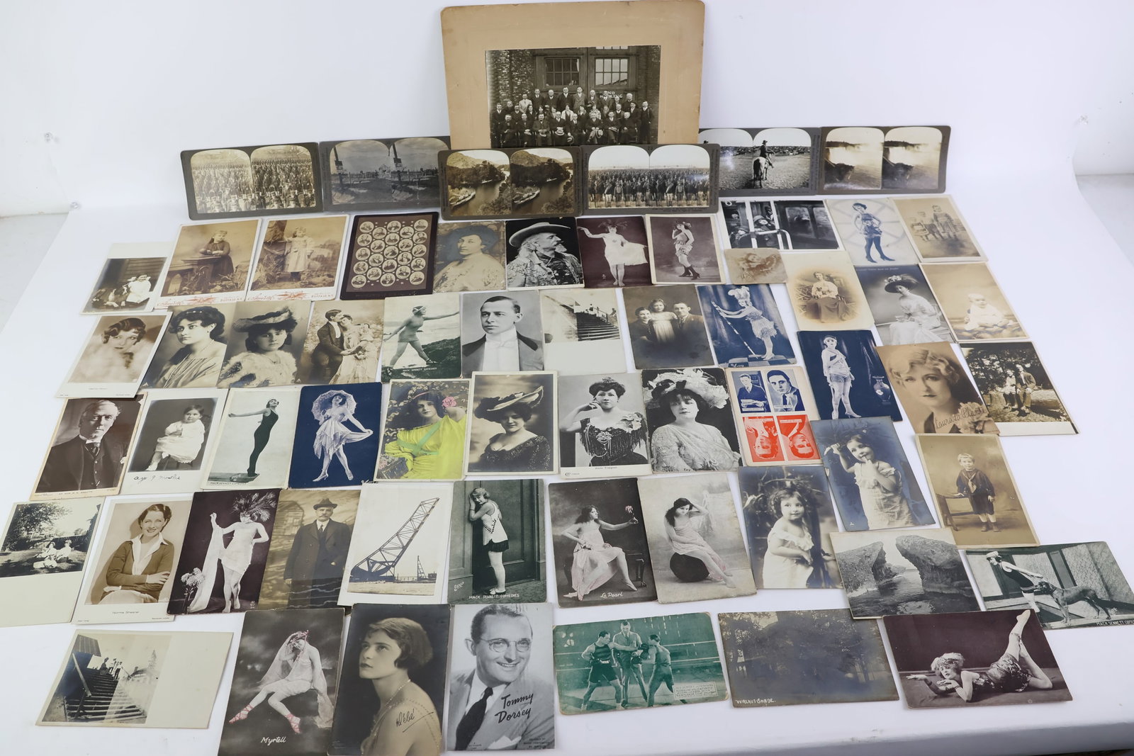 Group of Assorted Postcards and Photos: Group of Assorted Postcards and Photos Group of Assorted Postcards and Photos having various subjects and locations. Including stereoscope viewing cards depicting Round Up on Sherman Ranch Geneseo Kan