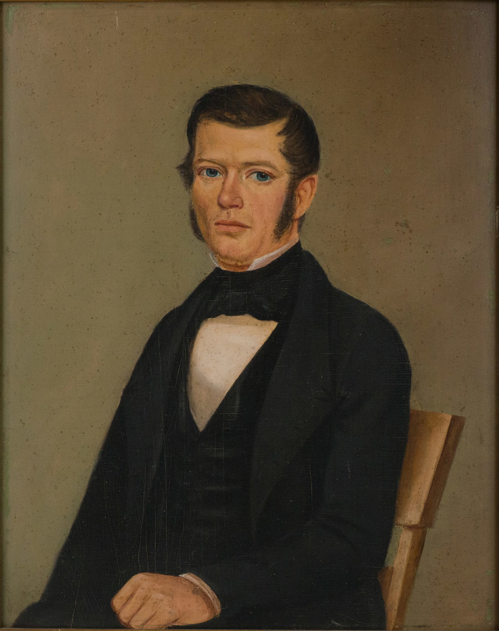 Folk Art Portrait of a Gentleman, Oil on Board: Folk Art Portrait of a Gentleman Oil on Board Probably American, 19th C. Sight: 16 1/4 x 13 in. (41.3 x 33 cm.), Frame: 23 x 19 1/4 in. (58.4 x 48.9 cm.)