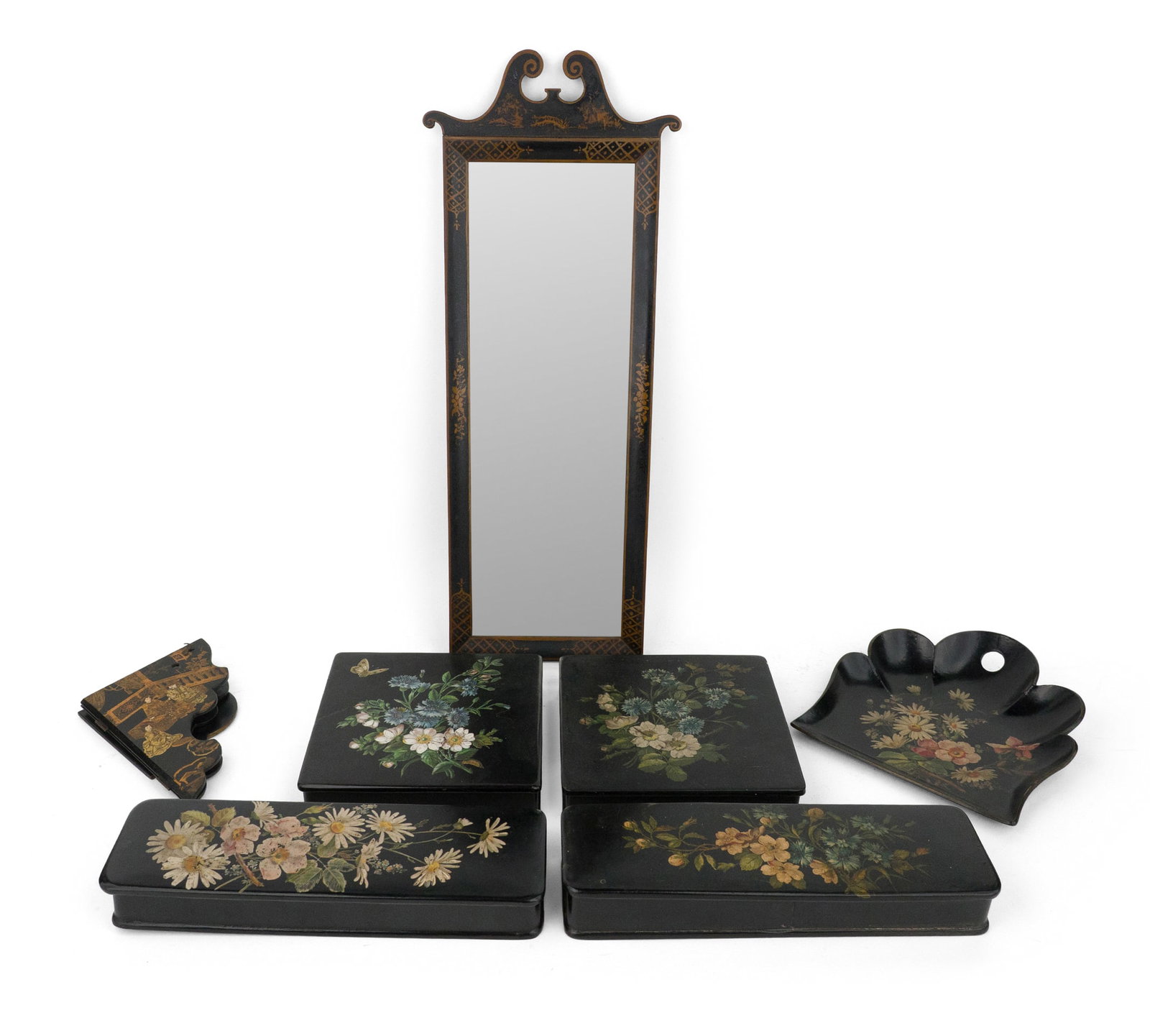 Four Victorian Painted Lacquer Boxes: Four Victorian Painted Lacquer Boxes Together with a lacquer dustpan, a lacquer folding corner shelf, and a Chinoiserie decorated pier mirror. 7 pieces Tallest: 21 1/2 x 8 5/8 in. (54.6 x 21.9 cm.)